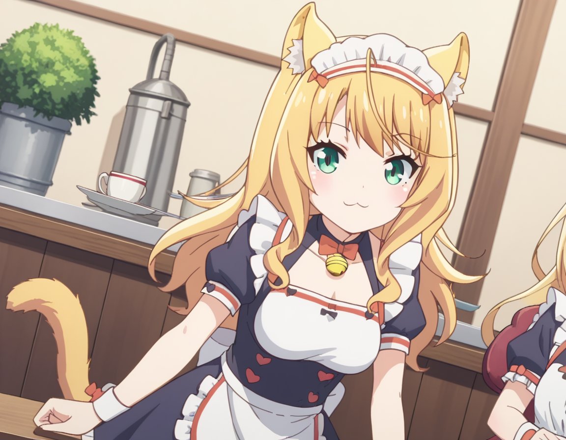 score_9, score_8_up, score_7_up, source_anime,nekoparamaple, <lora:nekopara-maple-s1-ponyxl-lora-nochekaiser:1>,maple, long hair, blonde hair, animal ears, green eyes, ahoge, cat ears, animal ear fluff, cat girl,dress, bow, tail, short sleeves, frills, bowtie, apron, cat tail, maid, maid headdress, bell, cat girl, waist apron, jingle bell, neck bell, waitress,indoors, cafe, bent over, smile,looking at viewer, solo, cowboy shot, dutch angle,