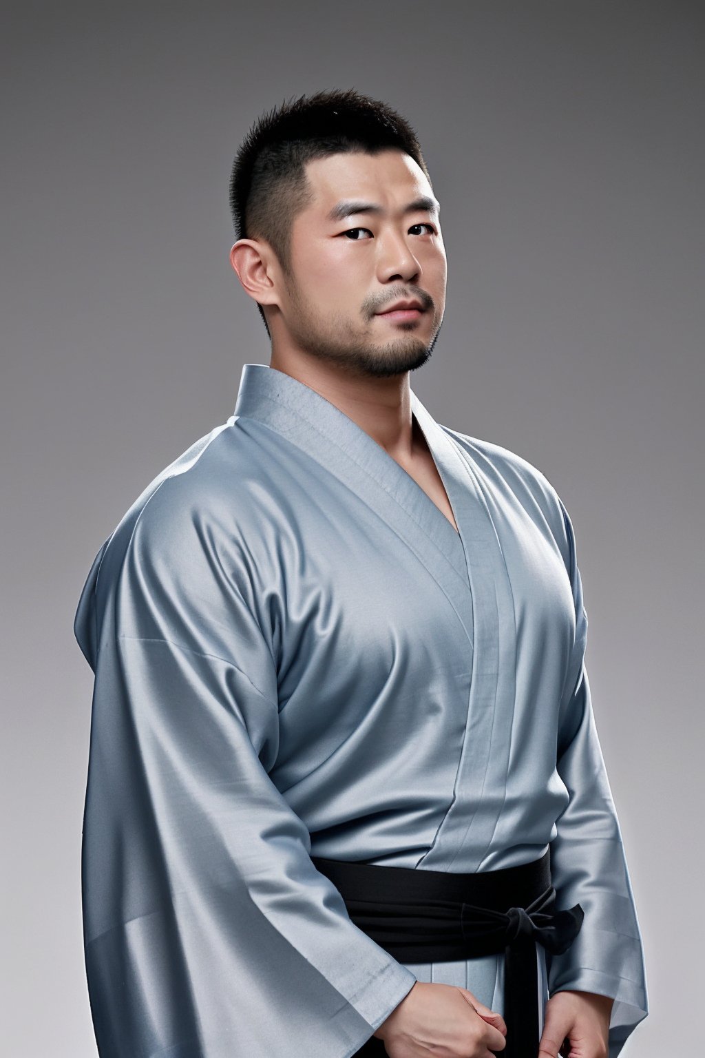 zhuangxiong,male focus,bara,expose pectoral muscle,gray gradient background,kimono,