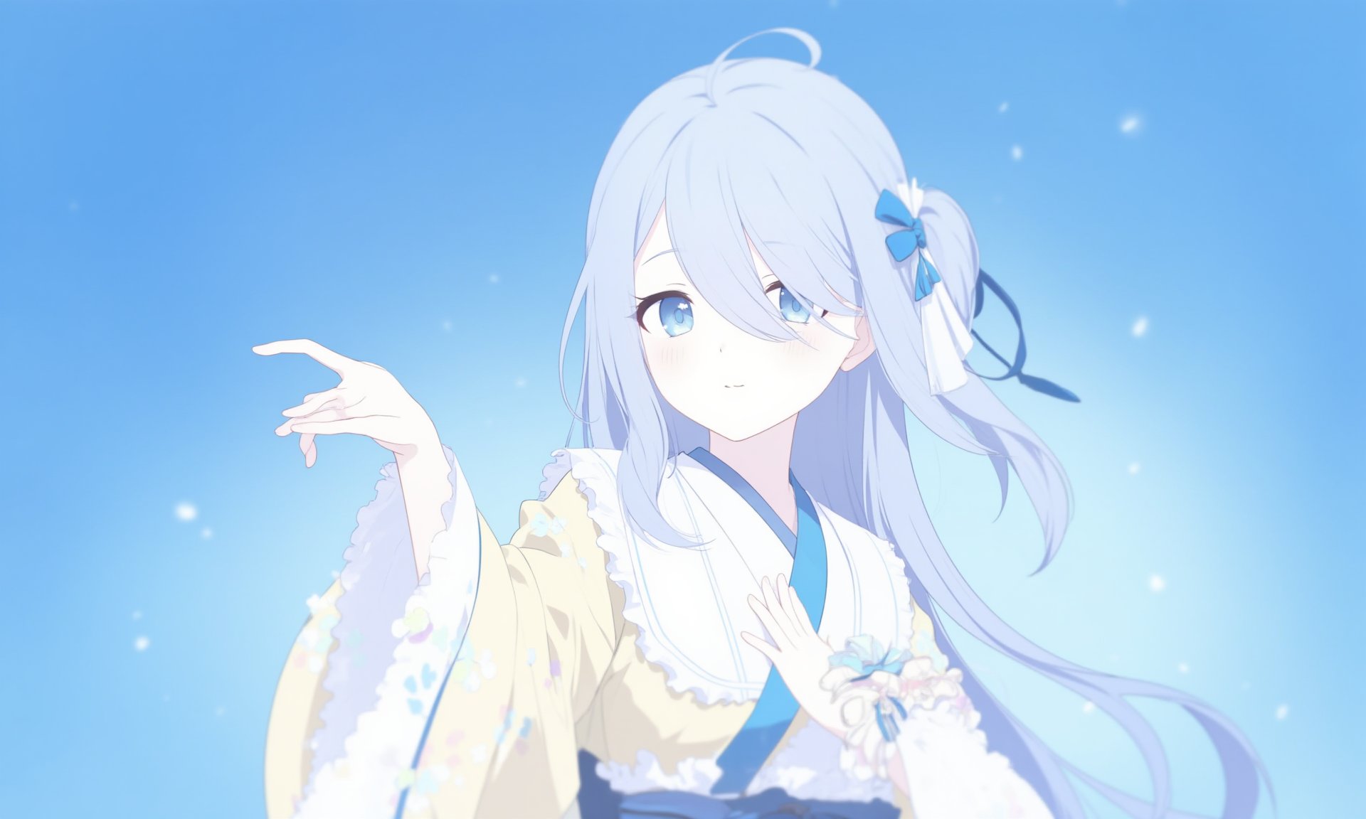 1girl,    looking at viewer, hair ornament, frilled kimono, white sleeves, long sleeves, outstretched hand, blue ribbon, necklace, hair ribbon, blue background, simple background, obi, armlet, detached collar, closed mouth, blush, long hair, pendant, japanese clothes, hair bow, gradient background, ribbon, blue eyes, collarbone, collar, pink lips, kimono, strapless, ribbon-trimmed sleeves, yellow kimono, wide sleeves, light smile, blue bow, grey hair, jewelry, solo, eyelashes, tassel, white bow, petals, blue collar, frills, ribbon trim, sash, bare shoulders, very long hair, ribbon-trimmed collar, layered sleeves, bow, hair over one eye <lora:BastylrV2:1>