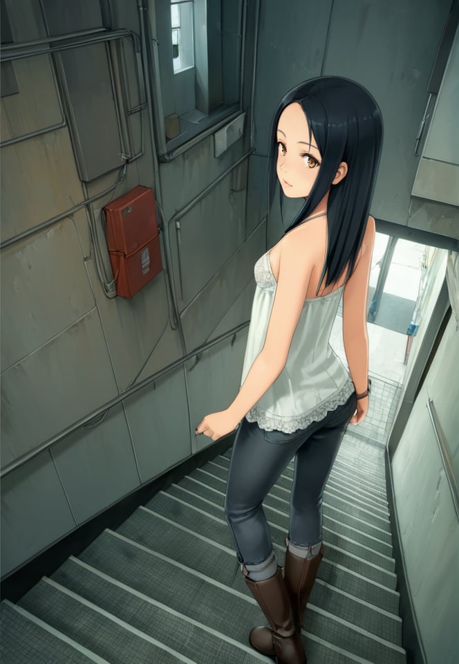 (best quality), ((masterpiece)), (highres), illustration, original, extremely detailed,  <lora:疗愈天空:0.7>1girl, solo, black hair, looking back, long hair, pants, camisole, boots, bare shoulders, looking at viewer, standing, stairs