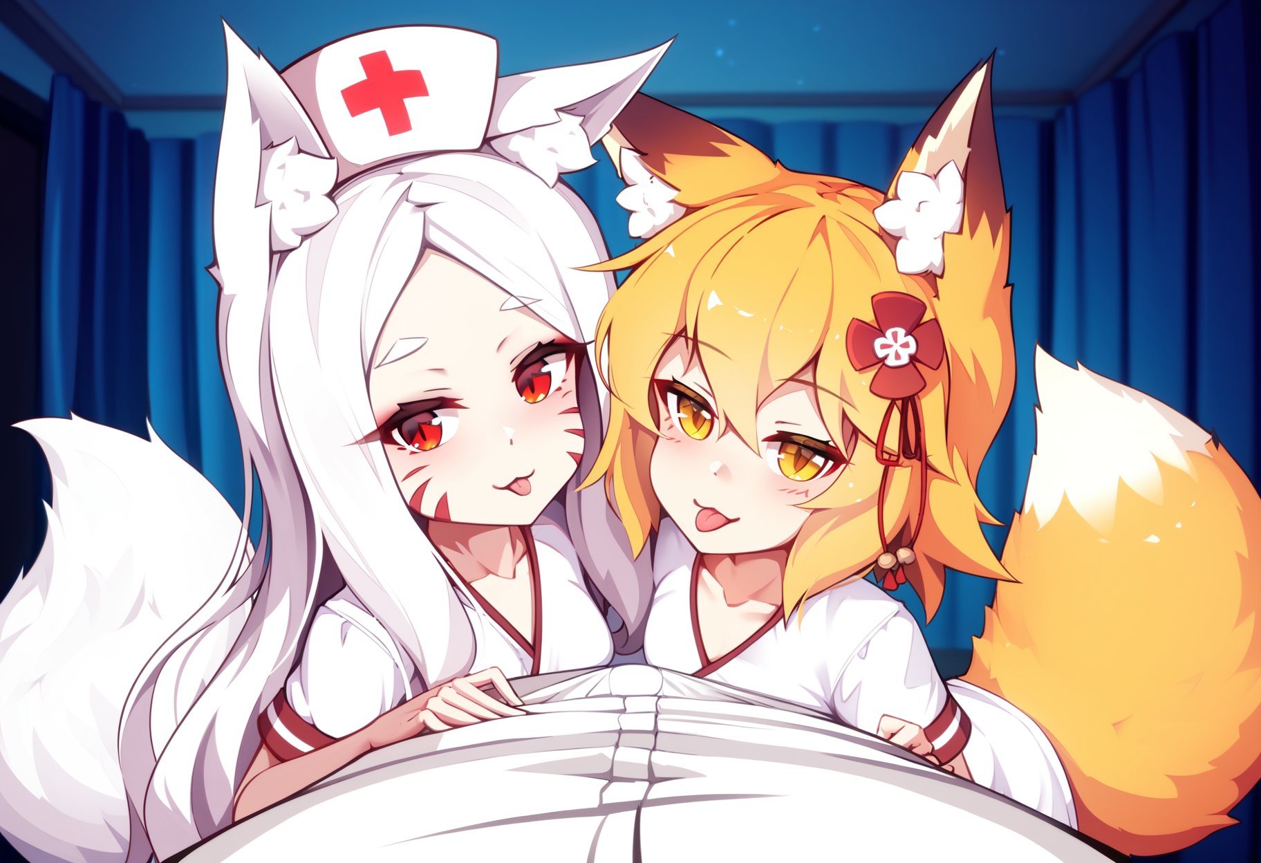 by merrytail, by sub-res, by foxykuro, masterpiece, best quality,(2girls:1.2),shiro \(sewayaki kitsune no senko-san\), fox girl, fox ears, fox tail, with white hair, red eyes, whisker markings,  senko \(sewayaki kitsune no senko-san\), fox girl, blonde hair, yellow eyes, hair flower, both wearing nurse outfit, tongue out,1boy, pov crotch,indoors, bedroom, night