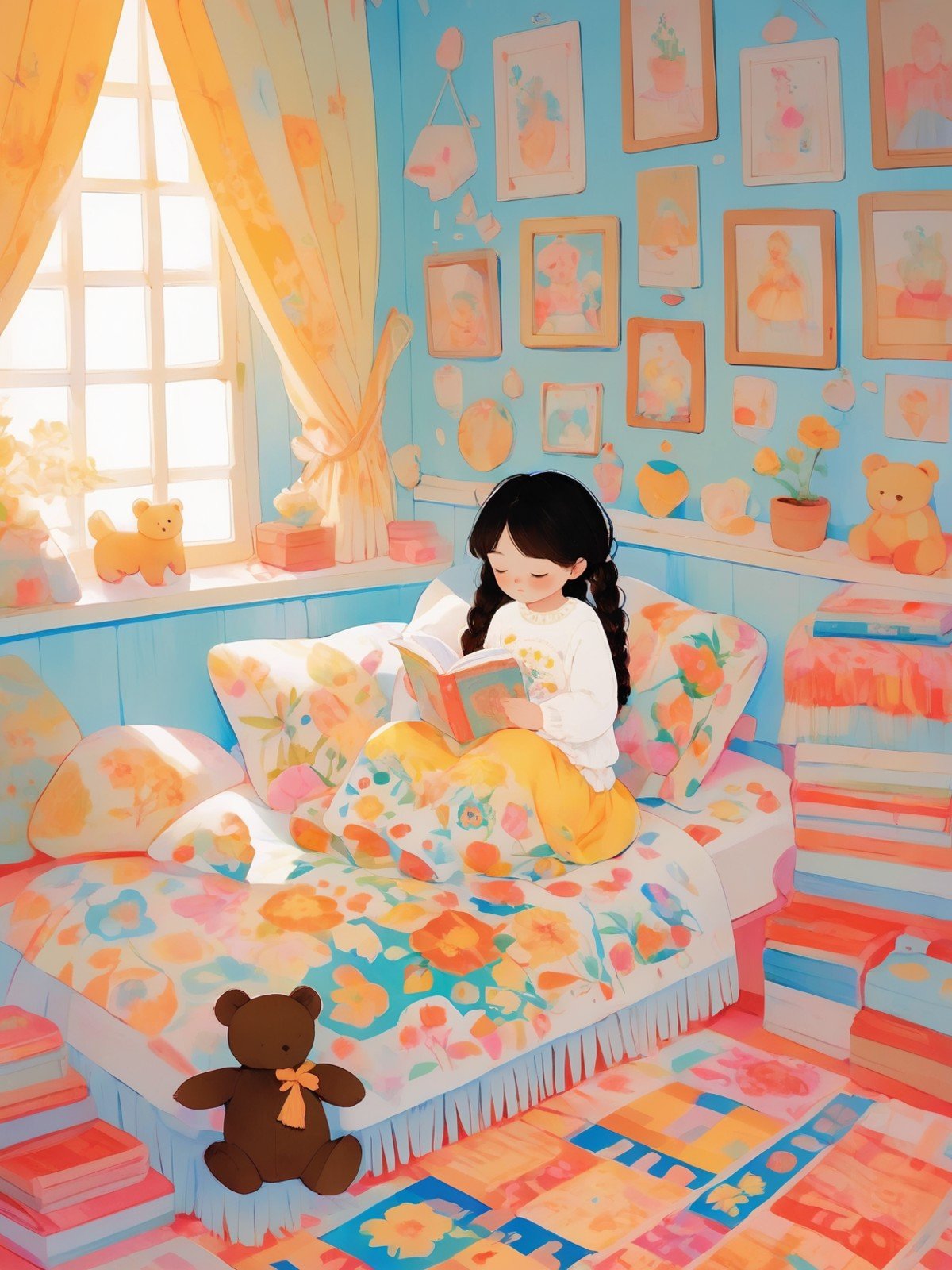 <lora:chatu0516:0.7>,illustrations,1girl,window,book,closed eyes,curtains,indoors,braid,solo,flower,long hair,bangs,open book,sitting,pillow,stuffed toy,stuffed animal,teddy bear,black hair,yellow flower,long sleeves,fringe trim,picture frame,plant,twin braids,rug,dress,bookshelf,bedroom,holding,vase,reading,lamp,bed,child,floral print,blanket,sweater,