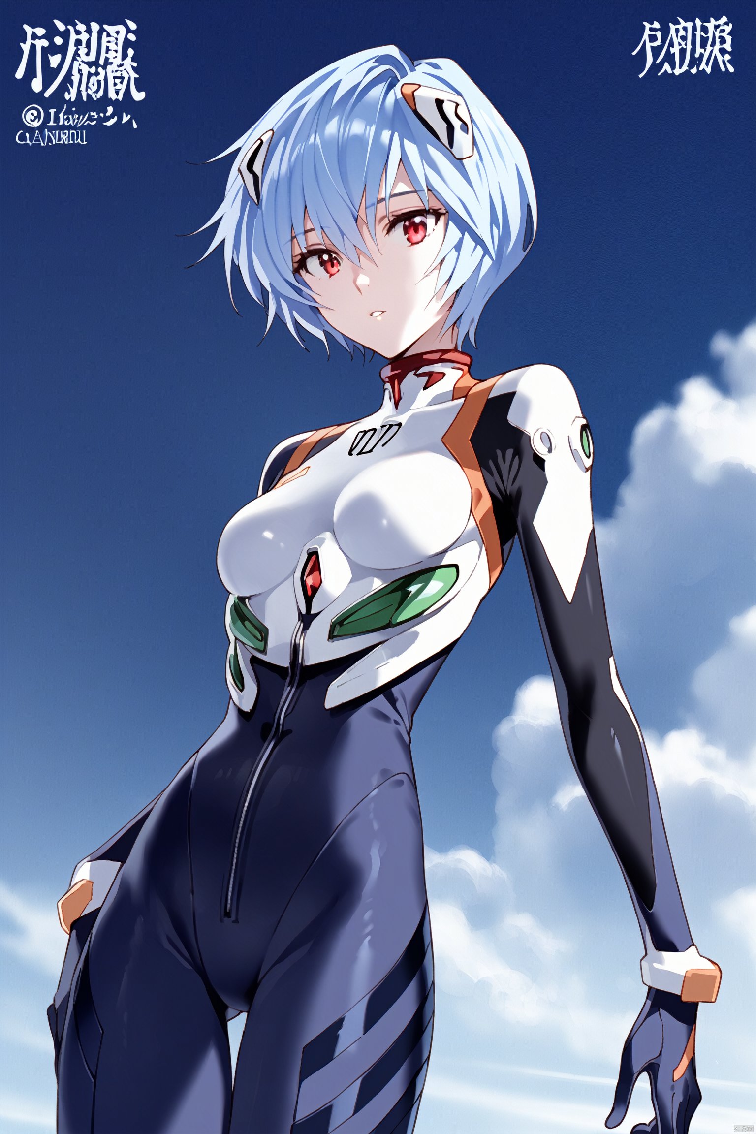 score_9, score_8_up, score_7_up, score_6_up,jijia, 2d, anime, neon genesis evangelion, 1girl, solo, plugsuit, ayanami rei, bodysuit, red eyes, short hair, blue hair, breasts, black bodysuit, looking at viewer, medium breasts, interface headset, bangs, hair between eyes, standing, skin tight, parted lips, cowboy shot<lora:EMS-348601-EMS:0.800000>