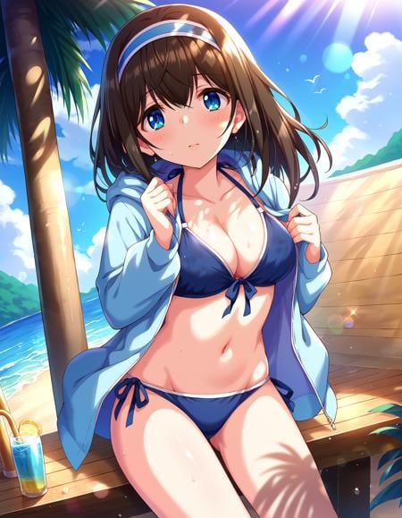 score_9, score_8_up, score_7_up, source_anime,rating_sensitive, sexually suggestive1girl, cute female, solo, shy, dating, outdoors, beach, ocean, palm tree, summer, sunlight, lens flare, <lora:SagisawaFumika_pony_v1:0.8>sgswfmk, long hair, brown hair, black hair, bangs, hair between eyes, blue eyes, large breasts, blue hairband, bikini, blue bikini, hooded jacket, open jaket, open hoodie,