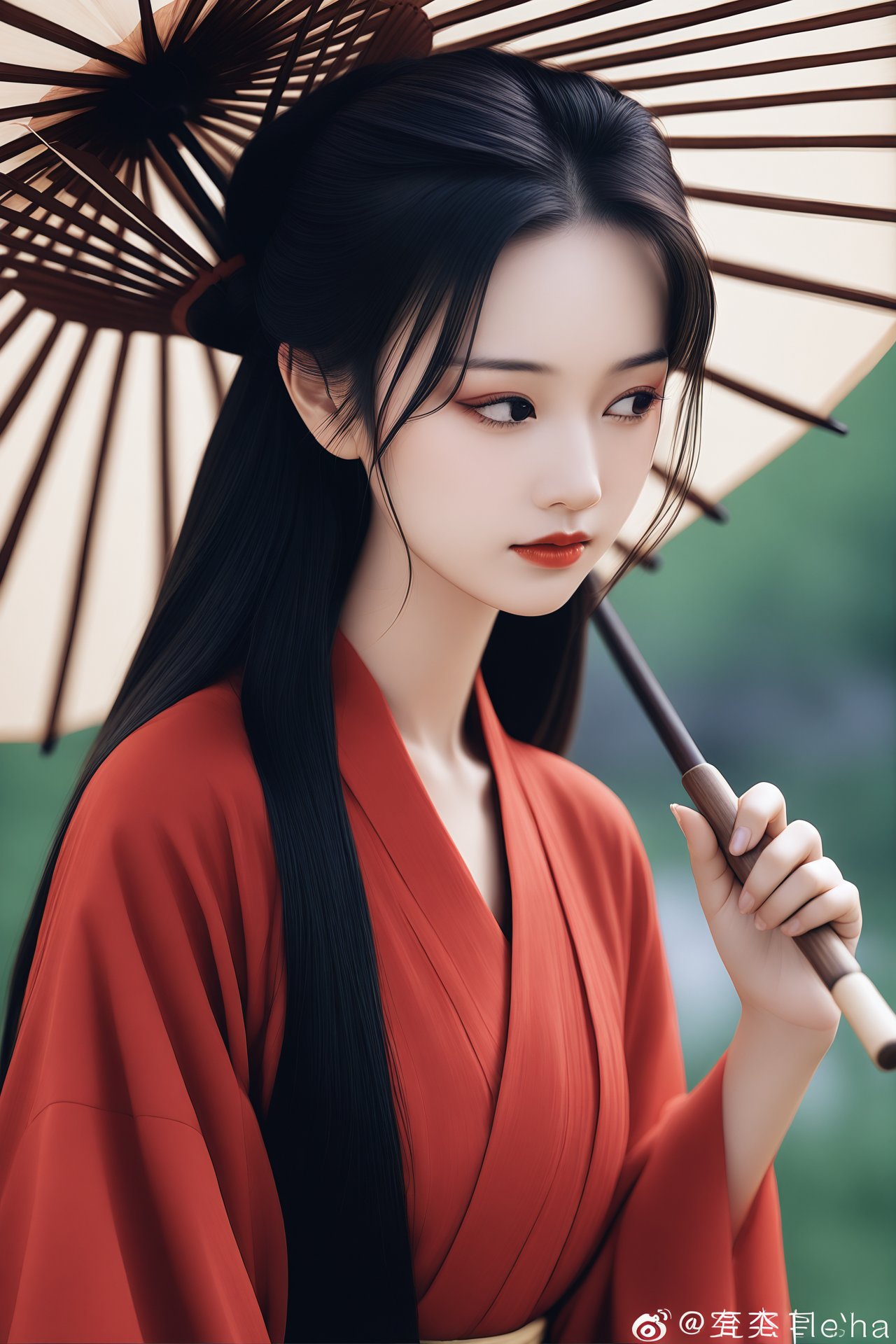 masterpiece,best quality,high quality,1girl,umbrella,solo,black hair,realistic,holding umbrella,holding,asian,weibo username,weibo logo,oil-paper umbrella,long hair,red lips,blurry,upper body,black eyes,japanese clothes,closed mouth,hanfu,looking down,long sleeves,looking to the side,kimono,blurry background,lips,red dress,outdoors,loose hair strand,sky,standing,depth of field,hand up,wide sleeves,