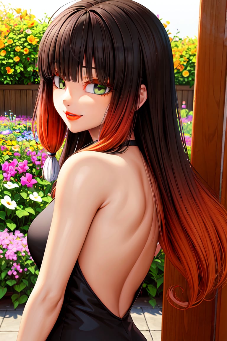 masterpiece, best quality, highres, realistic, 3d, solo, lilavolpina, green eyes, fringe, long hair, black hair, orange hair, multicolored hair, bangs, no mask, lipstick, sundress, open back, <lora:Lila_Rosi:0.8>, looking at viewer, light smile, flower garden, ourtdoors, <lora:add_detail:0.5> 