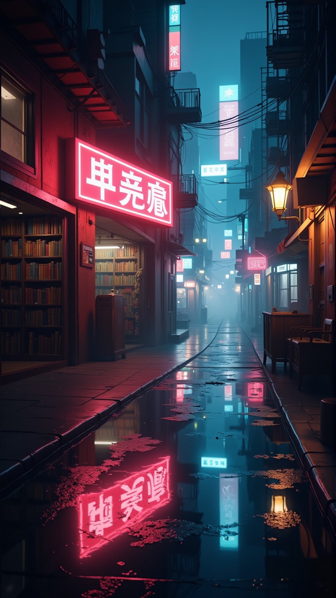 A professional photo of Digital painting, neon cityscape, rainsoaked pavement, neon signs reflecting in puddles, deserted library, old books, whispering books, dimly lit, empty, atmospheric, intriguing, modern, cyberpunk, urban, detailed, sharp, contrast, dramatic, noir, realistic, high quality, artstation, concept art, illustration, splash art, promo art, wide-angle, vibrant colors, late-night, midnight, glowing, reflections, glass, water, wet, moody, misty, smoky, foggy, film noir, rainy, alleyway, dark, gritty, edgy, contemporary, urban fantasy, immersive, evocative, captivating