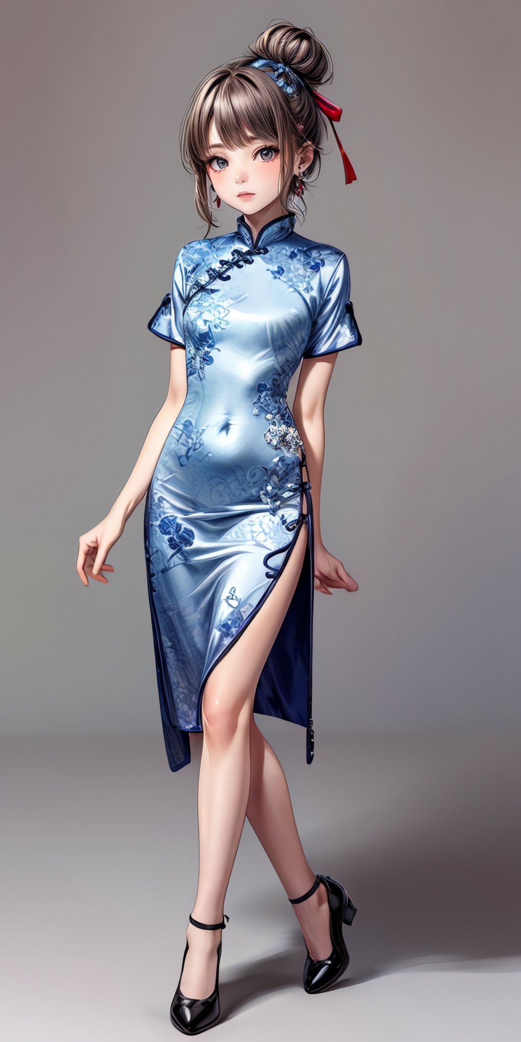 (masterpiece,ultra-detailed,best quality,8K,illustration:1.0),(petite girl:1.2) <lora:more_details:1>,simple background,   <lora:n china dress v1.0:0.5> jyojifuku, china dress, jewelry, earrings, hair bun,shoes