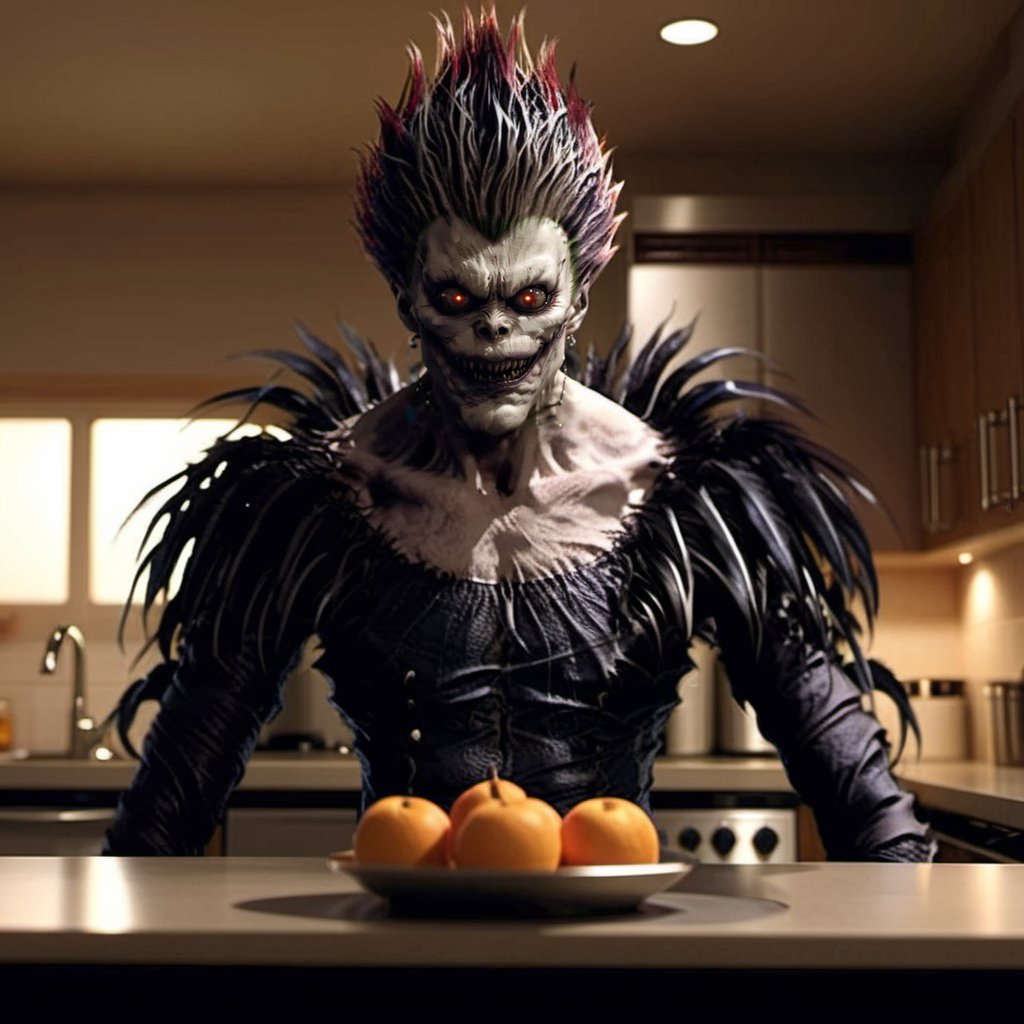 Ryuk1024, a demon, full body, cooking in a kitchen, highly detailed, photography, ultra sharp, film, bokeh, professional, 64k  <lora:add-detail-xl:1.5> <lora:Ryuk1024:0.8>