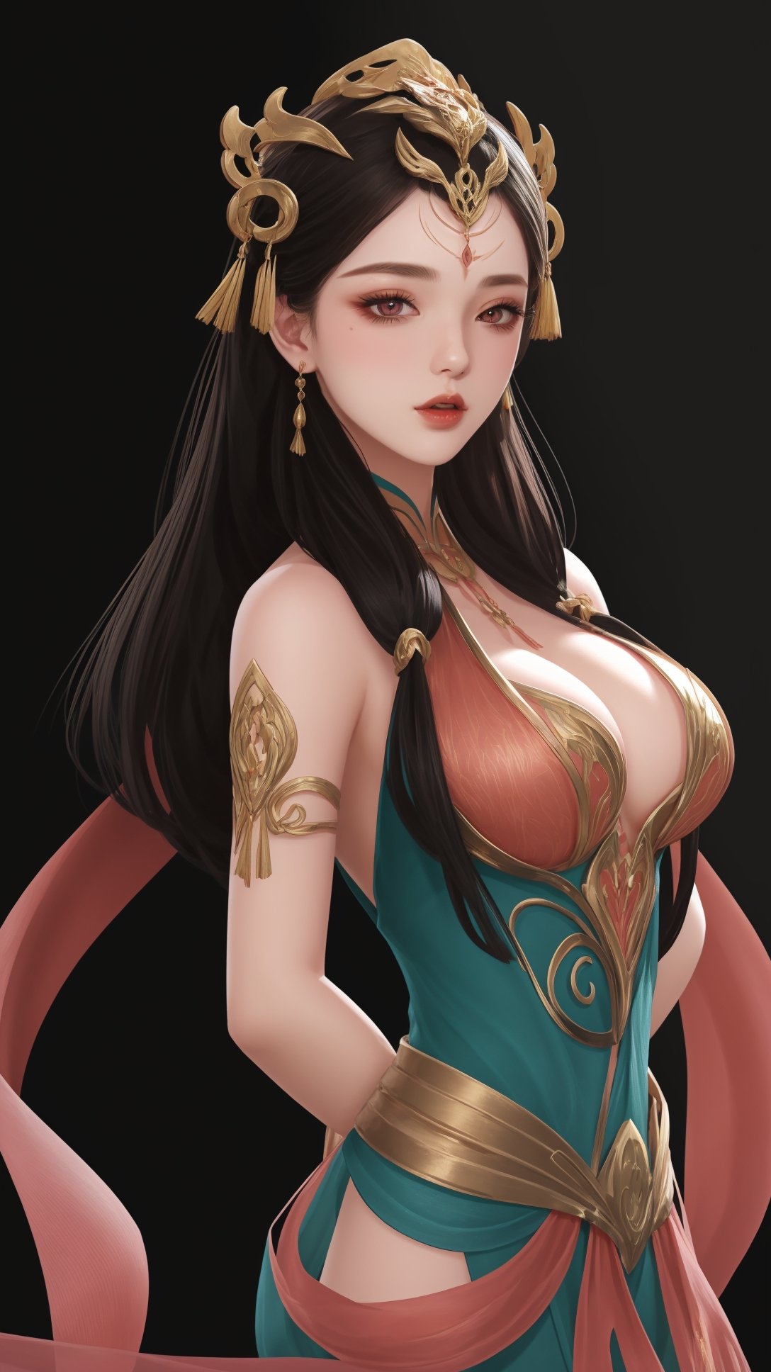 (1girl),smooth chin,masterpiece,detailed face,((hair ornament:1.2)),top quality,4k,make up,best quality,large breasts,(looking at viewer),red ribbon,dress,arms behind back,(wariza),shawl,detached sleeves,chinese building,forehead mark,golden hair ornament,<lora:王者 杨玉环 原皮_v1.1:0.7>,