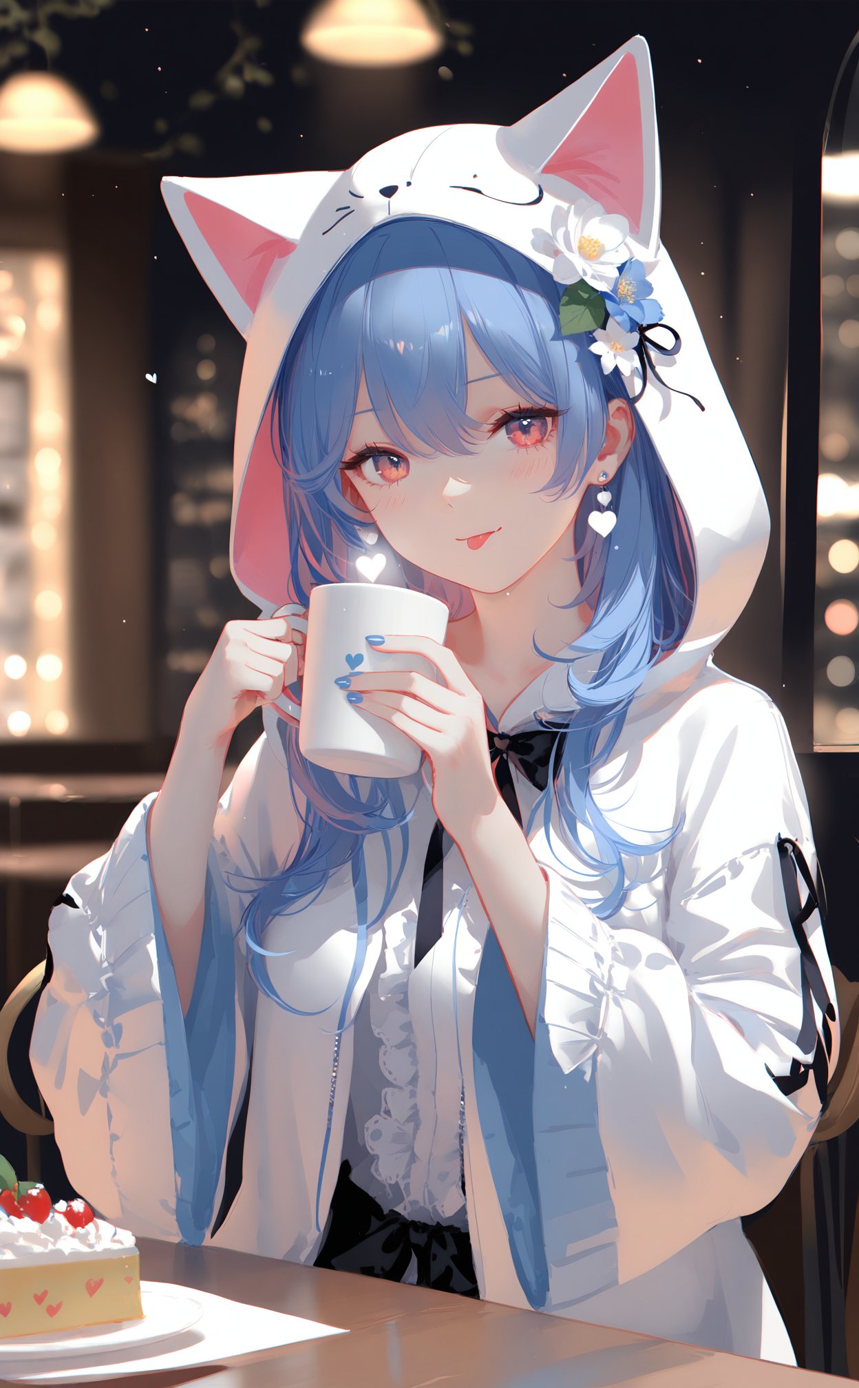 (masterpiece),(best quality),illustration,ultra detailed,hdr,Depth of field,(colorful),[Artist:wlop],[[Artist:sheya]],Artist:hiten_(hitenkei),1girl,solo,holding,tongue out,hood,animal hood,cup,hair ornament,tongue,hood up,holding cup,long sleeves,mug,long hair,flower,looking at viewer,black bow,white jacket,nail polish,bow,blush,upper body,food,closed mouth,wide sleeves,animal ears,smile,blue nails,hair between eyes,fake animal ears,:q,earrings,hands up,jacket,hooded jacket,heart,white flower,hair flower,jewelry,blue hair,cat hood,frills,