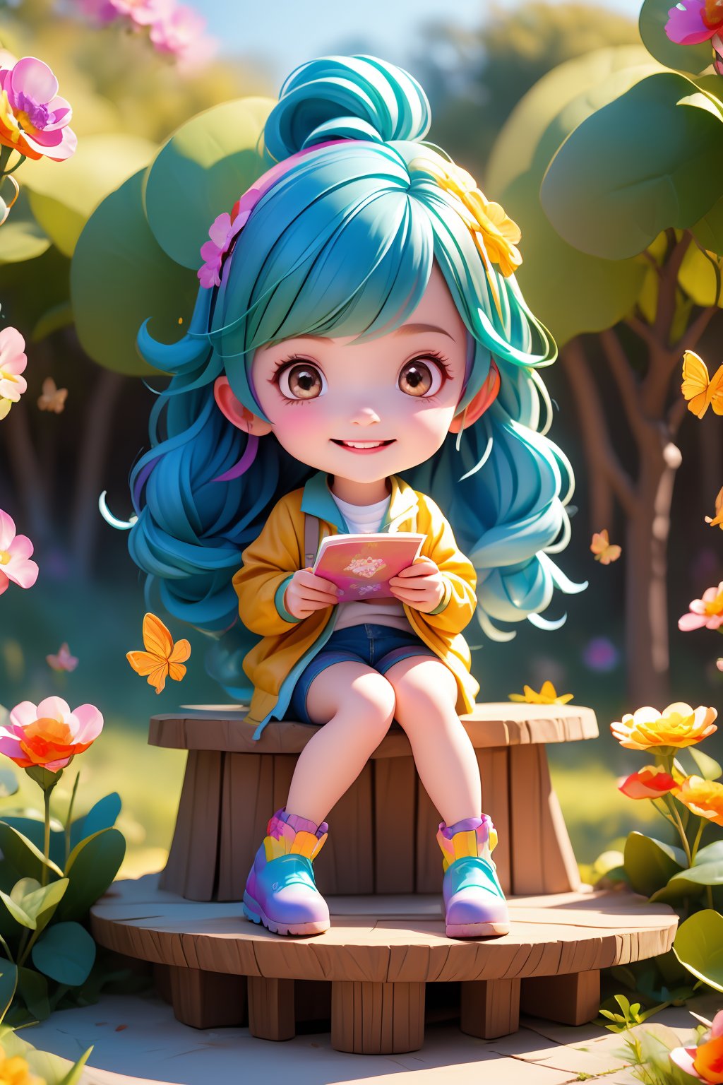 (extremely detailed:1.4), A cute little girl,smile,(blue hair:1.2),multicolored shirt,multicolored jacket,multicolored shorts,multicolored footwear,multicolored boots,sitting,reading,(multicolored flower:1.4),tree,butterfly,