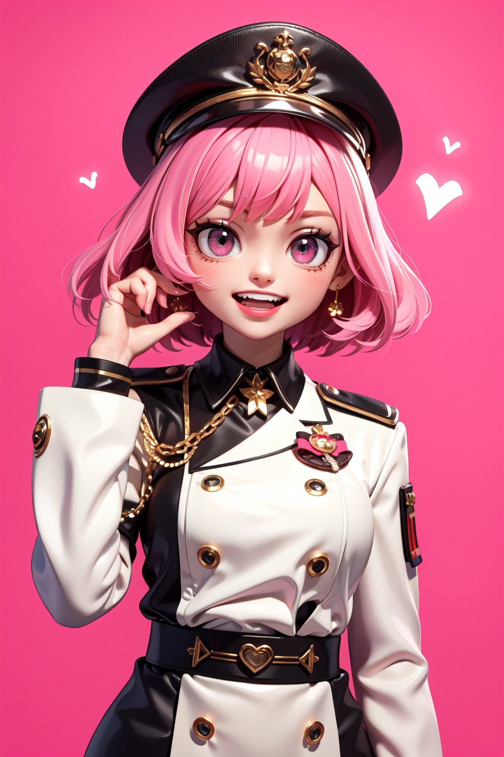 ((upper body of fashion pose, A black African girl is happy and laughing:1.2)) ((pure pink background)) likely in her mid-twenties,stands confidently. She has pink hair under a stylish hat,her expression one of determined authority. Her uniform suggests a whimsical military influence,complete with medals and a large,heart-shaped emblem.,, masterpiece,best quality,very aesthetic,absurdres,