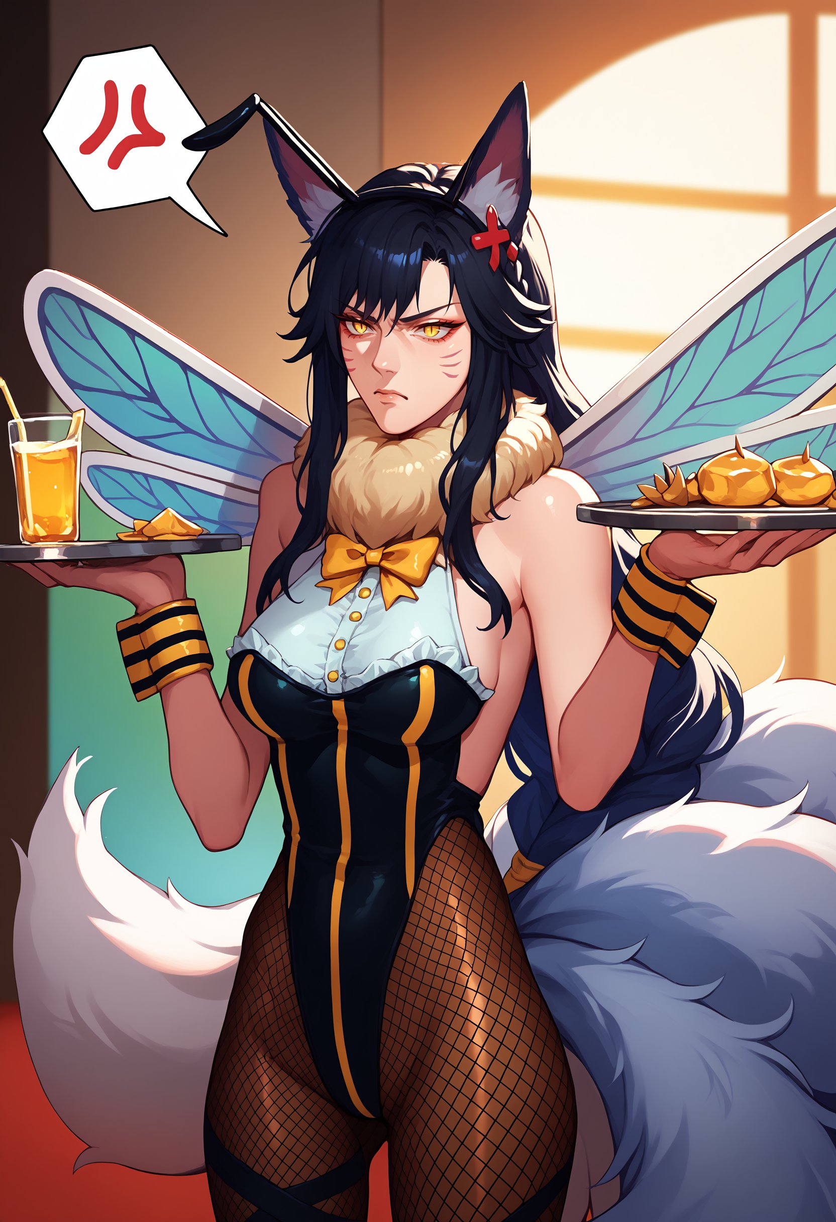 score_9, score_8_up, score_7_up, ahridefault, slit pupils, animal ears, facial mark, fox tail, multiple tails, long hair, single braid, black hair, yellow eyes, large breasts, <lora:Ahri_pdxl_Incrs_v1:1>,  <lora:Degen_Honeybee_alpha:1> honeybee, antennae, blue wings, highleg leotard, fishnets, pantyhose, fur collar, indoors, nightclub, cowboy shot, hands up,annoyed, serving tray, spoken anger vein