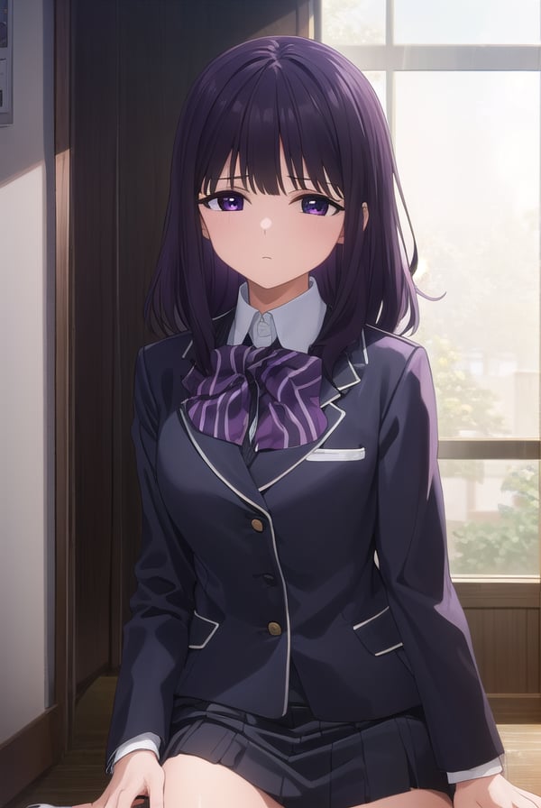 rionashijou, <lora:riona shijou s1-lora-nochekaiser:1>,riona shijou, bangs, purple hair, (purple eyes:1.1), medium hair,BREAK skirt, long sleeves, school uniform, jacket, socks, black skirt, two side up, black jacket, kneehighs, blazer, black socks, bow, bowtie, stripped, stripped bowtie,BREAK indoors, classroom,BREAK looking at viewer, (cowboy shot:1.5),BREAK <lyco:GoodHands-beta2:1>, (masterpiece:1.2), best quality, high resolution, unity 8k wallpaper, (illustration:0.8), (beautiful detailed eyes:1.6), extremely detailed face, perfect lighting, extremely detailed CG, (perfect hands, perfect anatomy),