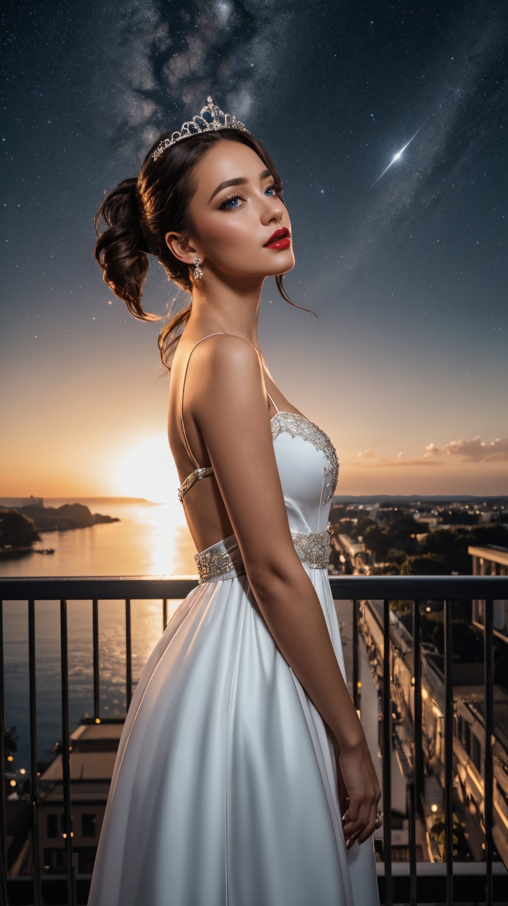 1girl, solo, gaia,black hair, blue eyes, lips, lipstick, starry sky, cowboy shot, medium breasts, balcony, ponytail, tiara. royal gown, railing, leaning forward, from side, looking up,, (masterpiece:1.3, realistic:1.3), best quality, ultra detailed, intricate, professional photography, HDR, High Dynamic Range, (8k UHD), RAW photo, dslr, realistic LUT, cinematic LUT, perfect lighting, professional lighting, cinematic lighting, cinematic shadows, iridescent lighting,