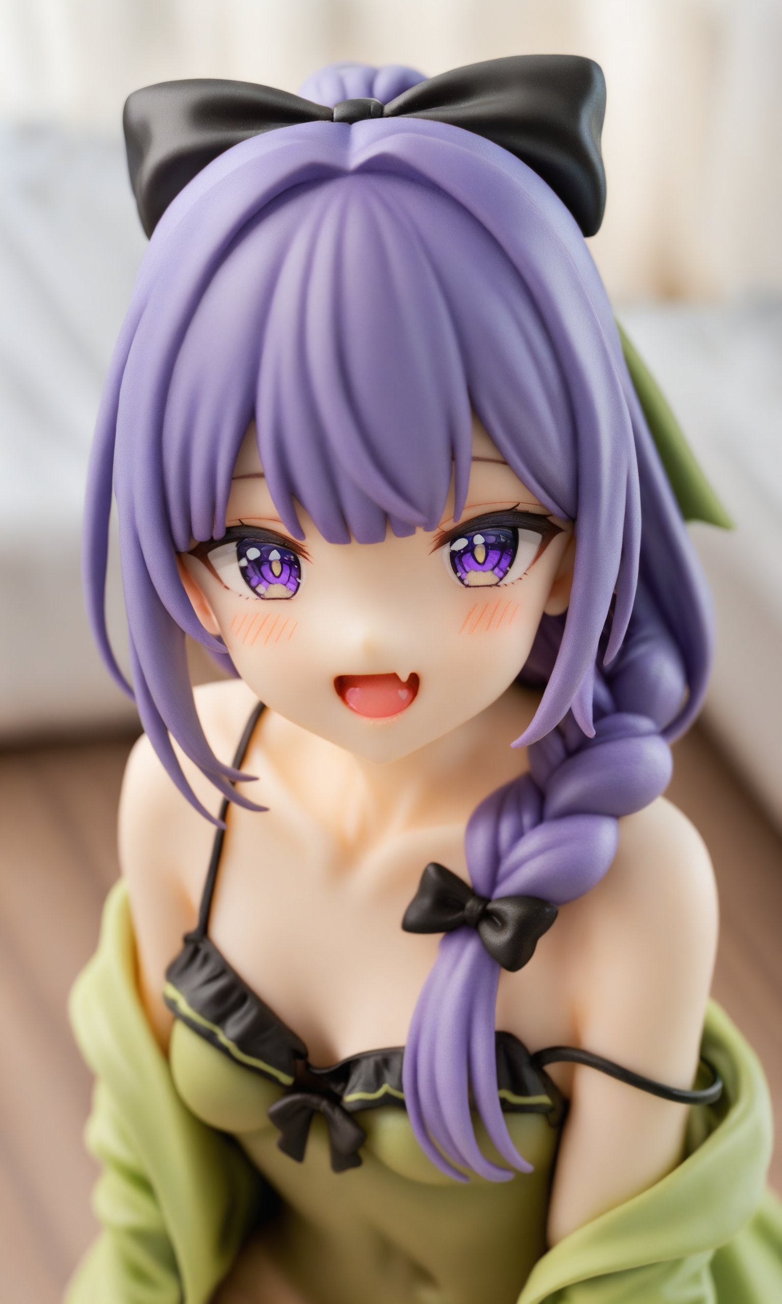 1girl,solo,braid,covered navel,purple eyes,bangs,looking at viewer,smile,purple hair,blush,fang,open mouth,breasts,small breasts,long hair,off shoulder,jacket,single braid,blunt bangs,collarbone,:d,strap slip,hair bow,bow,upper body,green dress,open clothes,hair over shoulder,open jacket,bare shoulders,black bow,indoors,skin fang,camisole,sailor collar