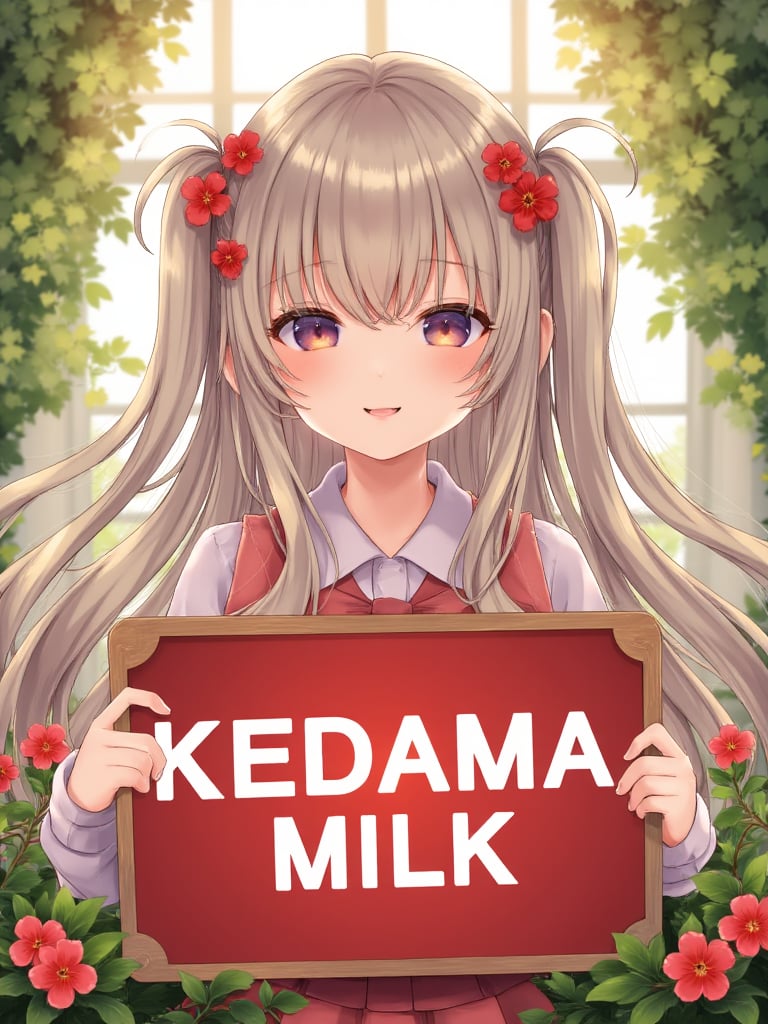 kedamamilk,a  girl with long,flowing grayish-brown hair adorned with small,vibrant red flowers. She is gently smiling with calm,The girl is surrounded by lush,green foliage and flowers,which are bathed in a warm,natural sunlight. The background is bedroom,she holds a red sign with the word 'KEDAMA MILK' written in bold white letters.,<lora:kedama-000019:0.95>,