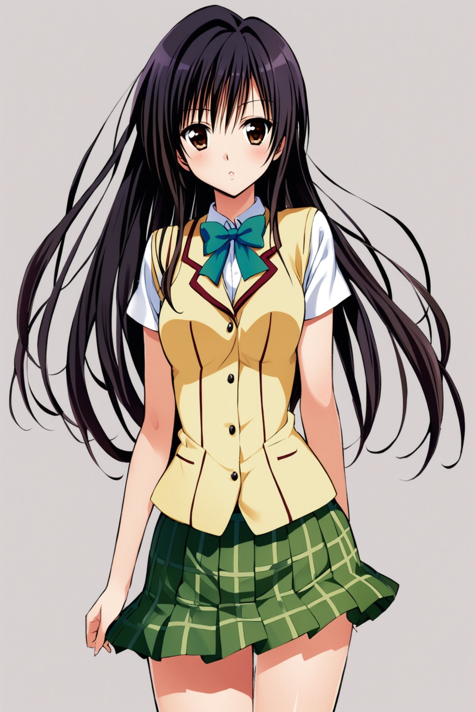 1girl,kotegawa yui,solo,long hair,school uniform,black hair,green skirt,standing,simple background,white background,looking at viewer,<lora:Yabuki Kentarou_XL_netaArt:0.8>,