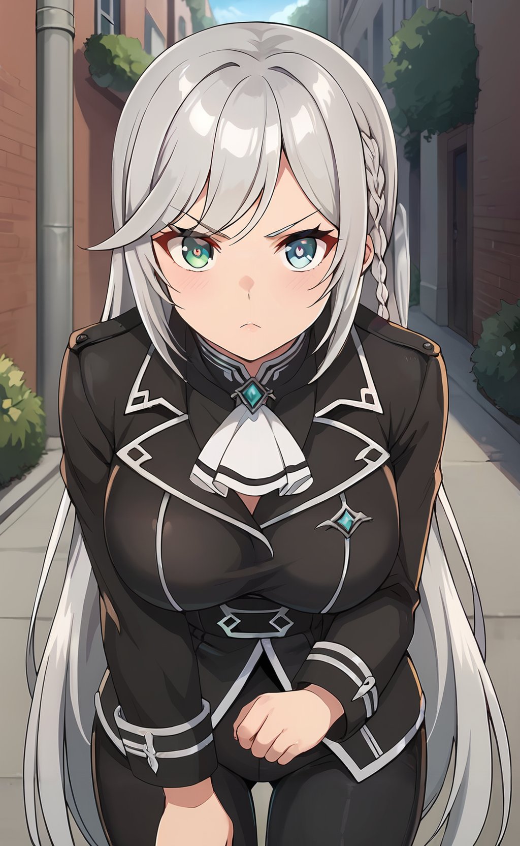 score_9, score_8_up, score_7_up,  <lora:Livia_de_Udis:1>, livia_wz, very long hair, grey hair, heterochromia,  blue eyes, green eyes, braid, hair ornament, large breasts, white ascot,long sleeves, black jacket, jewelry, black pants, cowboy shot, sword at the waist, serious, v-shaped eyebrows, v-shaped eyes, street, leaning forward, pov