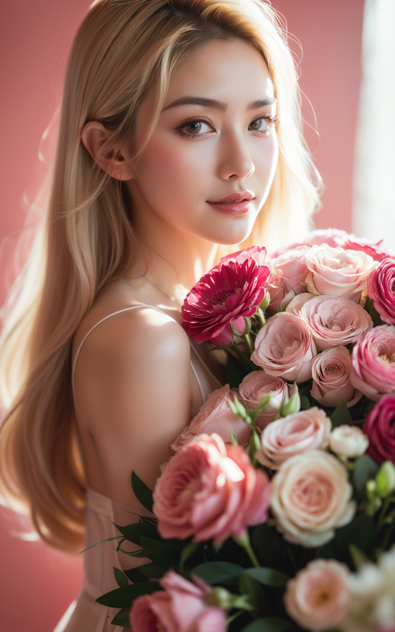 Ultra-realistic 8k CG,masterpiece,best quality,(photorealistic:1.4),HDR,absurdres,Professional,RAW photo,lens flare,(film grain:1.1),Bokeh,((Depth of field)),studio light, a woman in a pink dress , a bouquet of flowers in front of a mirror and a pink background, 1girl, blonde_hair, bouquet, flower, lips, long_hair, looking_at_viewer, pink_dress, smile, solo, Highly detailed,Professional,extreme detail description;,