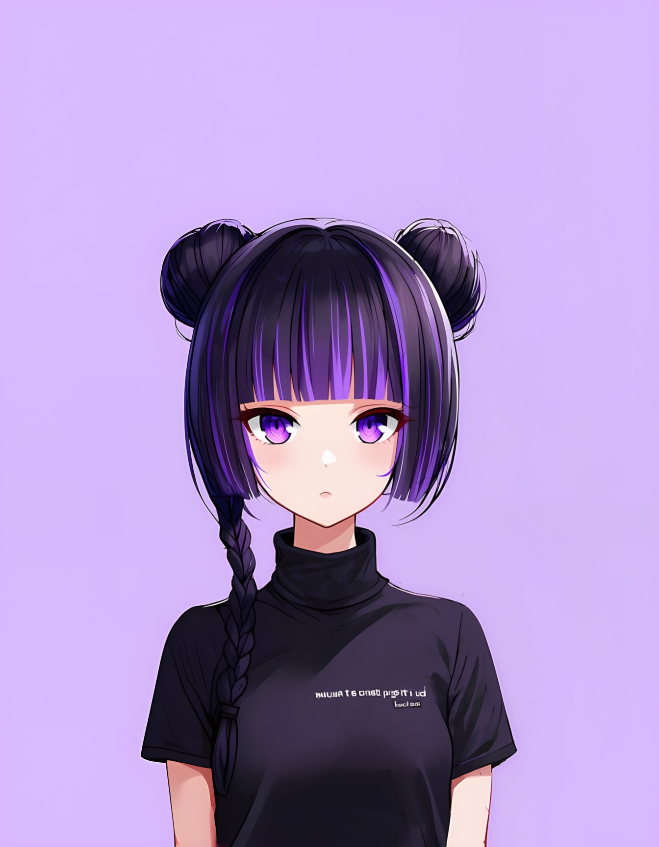 1girl, looking at viewer, simple background, shirt, black hair, closed mouth, purple eyes, upper body, braid, purple hair, multicolored hair, short sleeves, sidelocks, blunt bangs, hair bun, streaked hair, black shirt, double bun, turtleneck, t-shirt, clothes writing, purple background ,