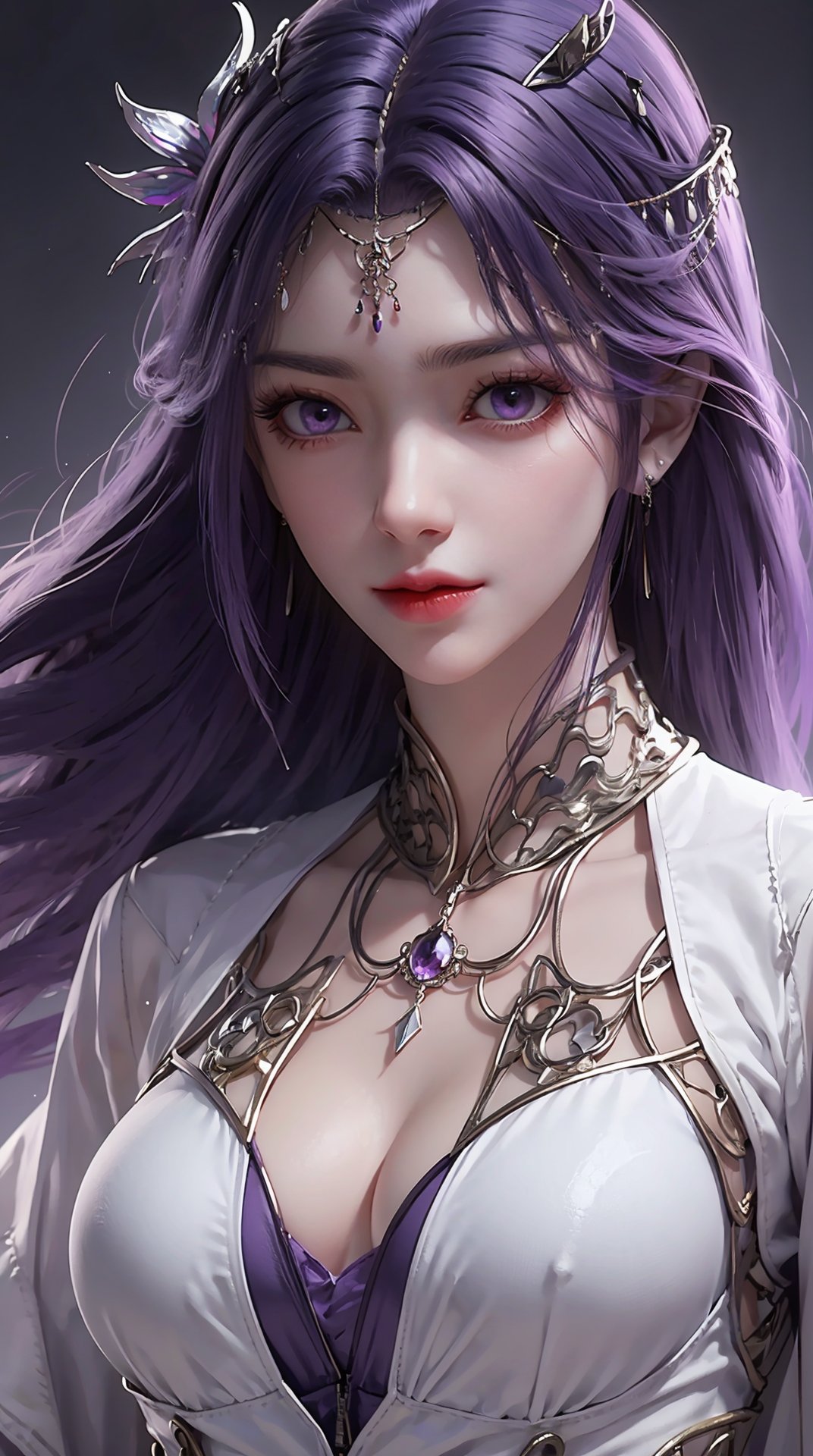 <lora:yunxi_20240205221623-0000010:0.6>,upper_body,purple hair,purple eyes,white jacket,