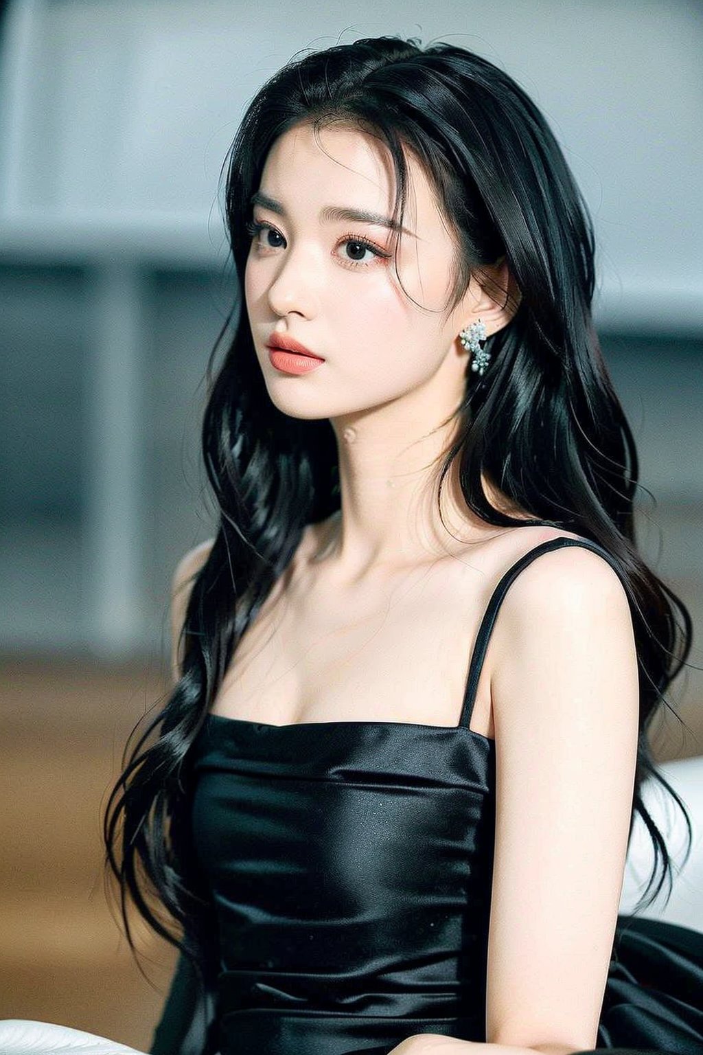 smooth,masterpiece,best quality,1girl,black hair,spectacular background,Immortal picture,earrings,art,formal dress,upper body,clean,beautiful face,pure face,distant backdrop,face_focus,<lora:wangchuran1-000008:1>,oral_invitation,