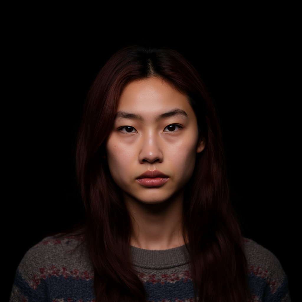 A closeup portrait photo of a woman with medium length hair who gazing directly at the camera with a neutral expression. She is wearing a multicolored knitted sweater against a dark background. Spotlight illumination. ,<lora:hoyeon_local_flux_1_standard-000033:1>