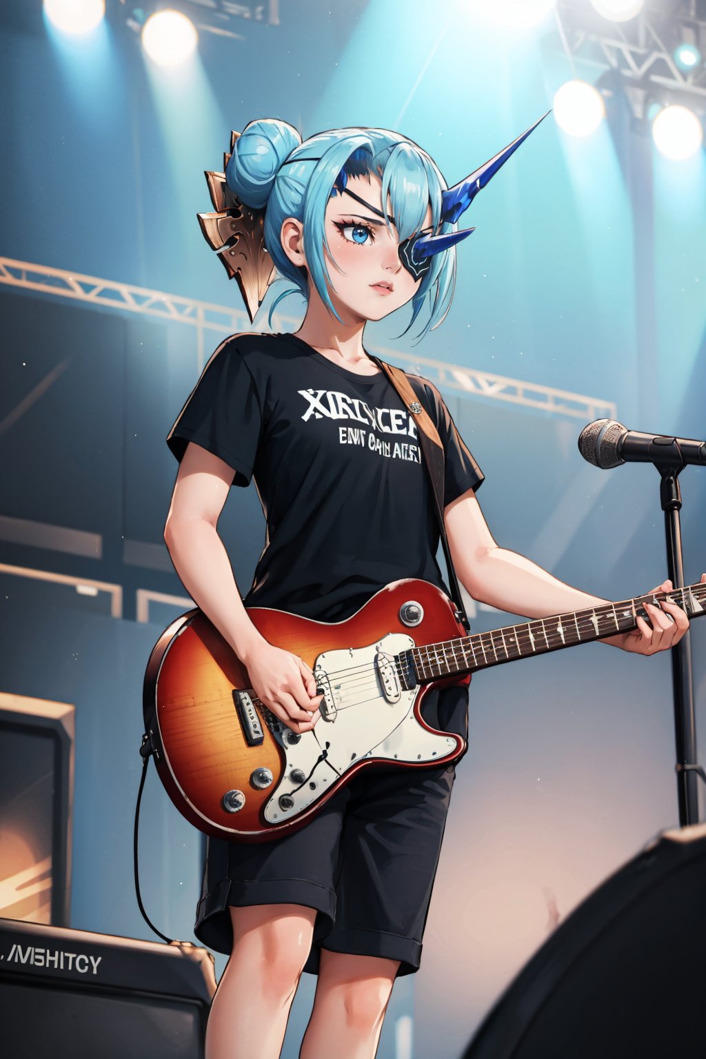 masterpiece, best quality, 1girl,  <lora:xctheory-nvwls-v1-000009:0.9> xcTheory, single hair bun, horns, hair ornament, eyepatch, black t-shirt, black pants, holding guitar, from below, sneakers, stage