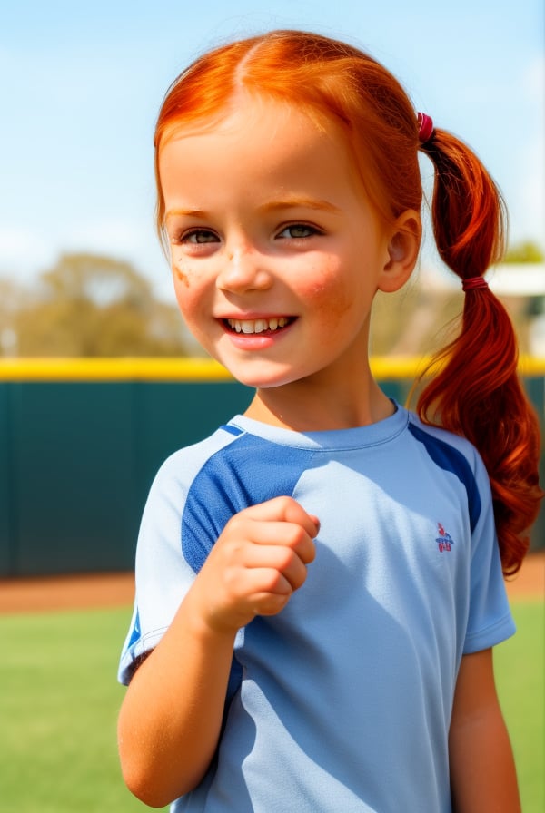 1girl, portrait, (cowboy shot) realistic, little girl, smile, ((ltt, redhead long messy hair, low twin wavy ponytails)), upper body, outdoor, holding⚾,  sunny day, blurry background <lora:low twintail03:0.8><lora:adapter_model:1.0>