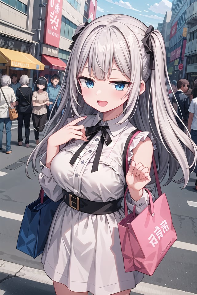 <lora:hotarueye_jitome18_v100:1>insanely detailed, absurdres, ultra-highres, ultra-detailed, best quality,1girl, solo, nice hands, perfect hands,BREAK(grab shoppinng bag, wearing plain clothes)BREAKhappy smile, laugh, open mouth, standing,from above,cute pose, cowboy shot,BREAKslender, kawaii, perfect symmetrical face, ultra cute girl, ultra cute face, ultra detailed eyes, ultra detailed hair, ultra cute, ultra beautiful,BREAKin harajuku, shibuya, tokyo, street, crowd, cityscape,BREAKmedium large breasts,(grey hair, blue eyes), hime cut