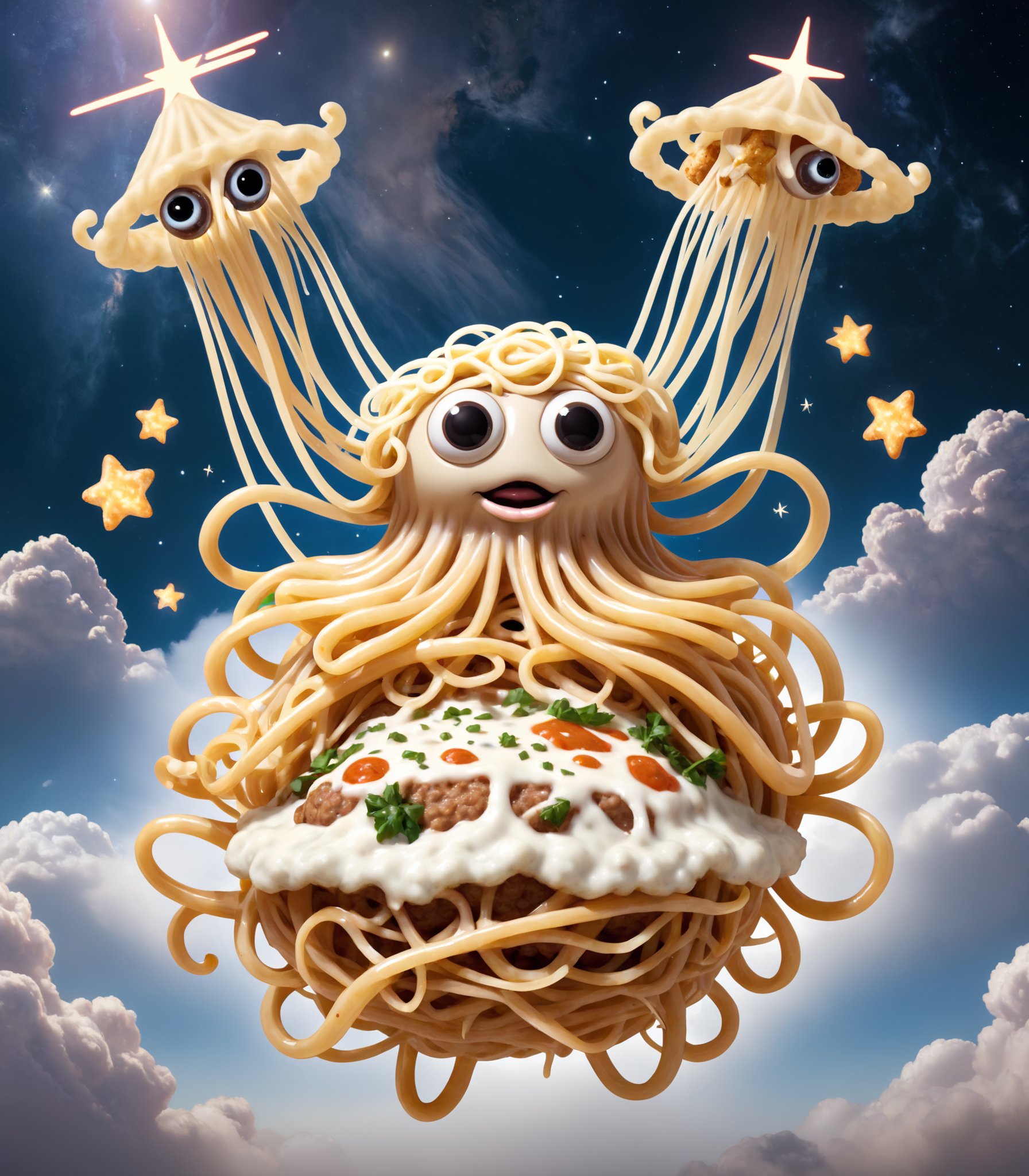 Illustration of the Flying Spaghetti Monster idol depicted as a mythical creature with a flying spaghetti noodle body, meatball eyes, and noodle appendages, floating in a celestial setting with angel hair clouds and parmesan cheese stars.