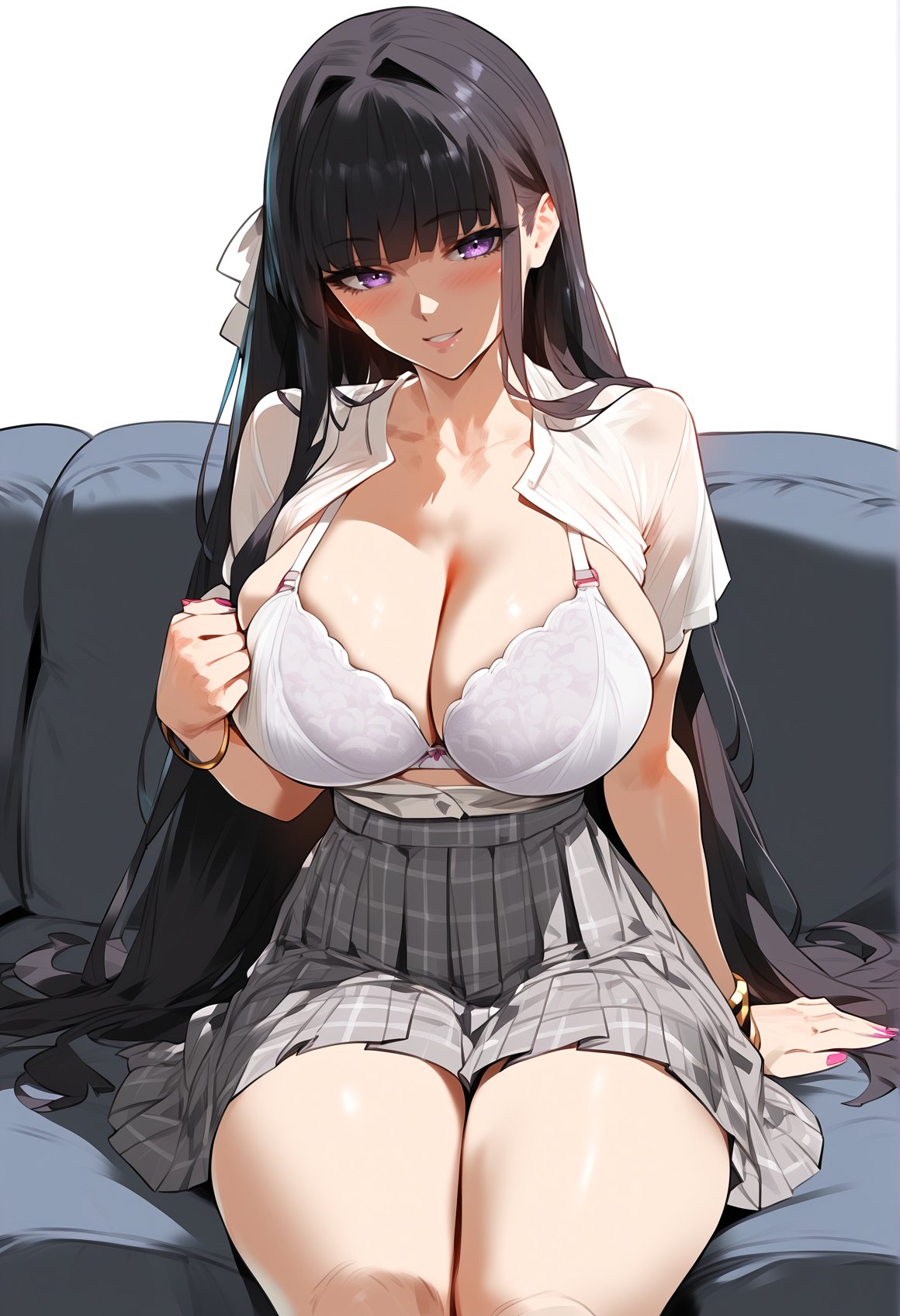 score_9, score_8_up, score_7_up, score_6_up, source_anime, <lora:CYR 0.1v:1>,1girl, breasts, solo, skirt, sitting, black hair, long hair, bangs, smile, cleavage, looking at viewer, short sleeves, hair ribbon, shirt, purple eyes, large breasts, white ribbon, ribbon, plaid skirt, shirt tucked in, white shirt, plaid, couch, blush, grey skirt, collarbone, thighs, white background, blunt bangs, parted lips, high-waist skirt, simple background, feet out of frame, nail polish, bracelet, very long hair, arm support, see-through, white bra, bra, pleated skirt, underwear, jewelry, on couch, bra visible through clothes