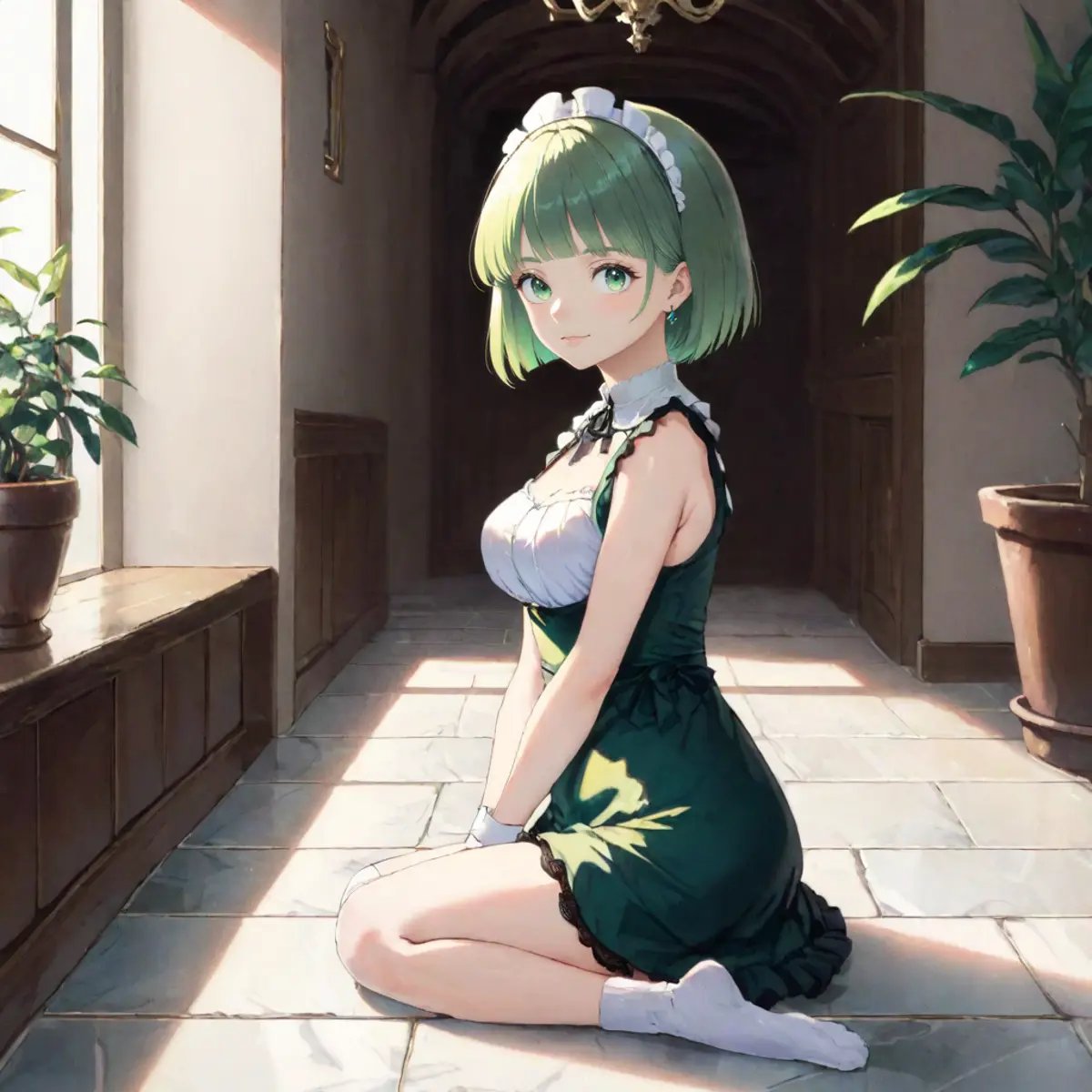 (raytracing, HDR, Victorian:1.4)BREAK maid outfit, short skirt with lace hemline, Mary Janes, ruffled socks, marble floor, potted plants, chandeliers, window, door, gold furnitureBREAK light green hair, green eyes, bob cut with blunt bangsBREAK (from side, sitting on floor, seiza, full body:1.2) <lora:STFD_V2:1>