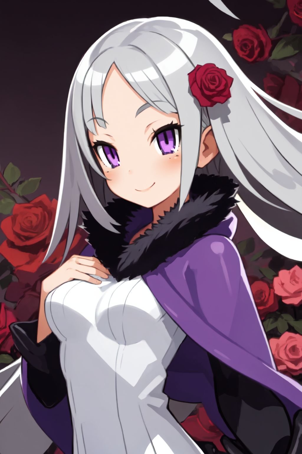 solo, 1girl, jumping, smile, blush, medium breasts, grey hair, single sidelock, light purple eyes, beautiful detailed face, ultra detailed eyes, dark purple poncho, dim light, Rose_Royalty \\(flower\\), floral background <lora:harada_takehito_Disgaea_style_v01:1>