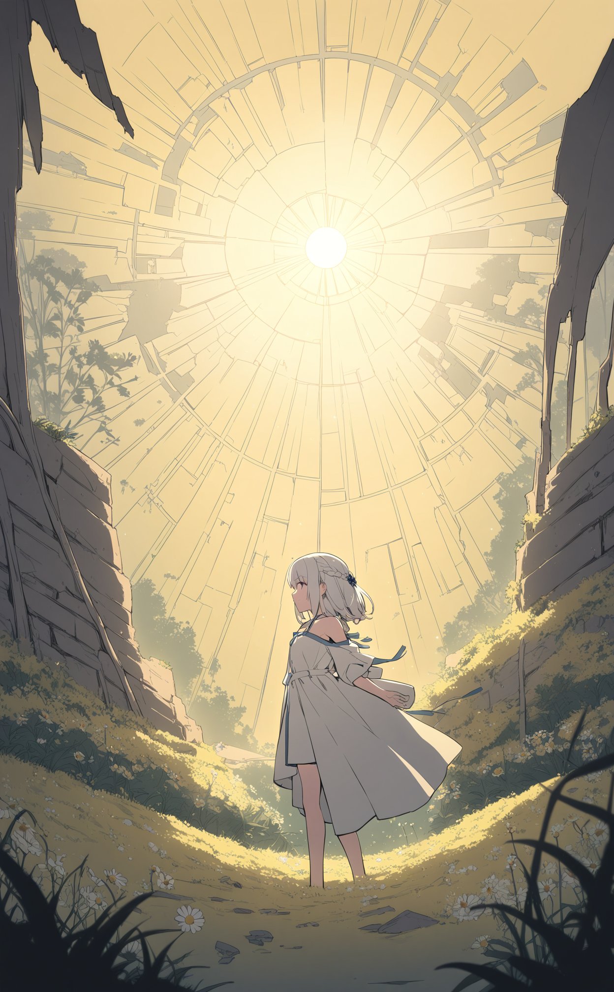 (masterpiece),(best quality),illustration,ultra detailed,hdr,Depth of field,(colorful),loli,yellow theme,the setting sun,Chamomile,Chamomile,cornflower,vines,forest,ruins,lens flare,hdr,Tyndall effect,damp,wet,1girl,bare shoulders,broken glass,broken wall,white hair,white dress,closed mouth,constel lation,flat color,braid,blinking,white robe,float,closed mouth,constel lation,flat color,looking up,standing,medium hair,standing,solo,