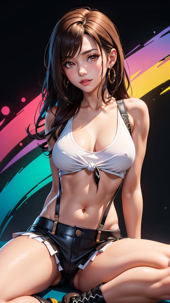 (Tifa Lockhart), (best quality, masterpiece, colorful, highest detailed) upper body photo, fashion photography of cute (Tifa Lockhart), long brown hair, deep reddish-brown eyes, long straight tied hair, tied at the end, hair partially covering her right eye. She wears a white tank top, exposed stomach, black leather mini-skirt, black belt and black suspenders, red boots, black socks, white drop earrings. Metal reinforcement is on her left shoe, studded reinforcement on her left elbow, (ultra-detailed body), (light smile:0.3), moonlight passing through hair, (colorful background:1.3), (intricate details), (dynamic angle)