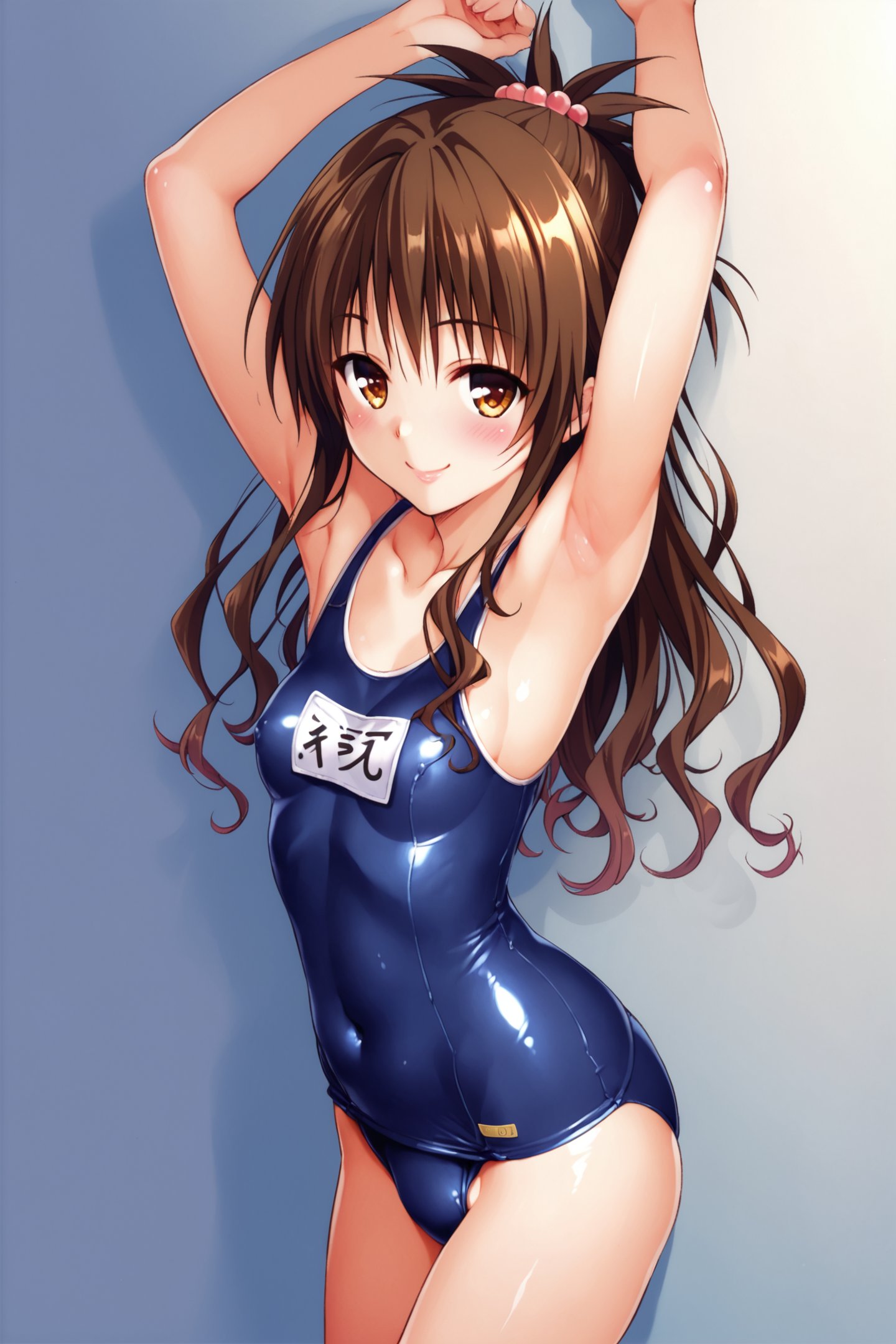 yuuki mikan,1girl,solo,swimsuit,brown hair,school swimsuit,armpits,one-piece swimsuit,long hair,smile,breasts,small breasts,covered navel,blush,looking at viewer,arms up,brown eyes,hair ornament,name tag,cowboy shot,shiny,blue one-piece swimsuit,shiny clothes,score_9,score_8_up,<lora:Yabuki Kentarou_XL_PONY_V2:0.8>,