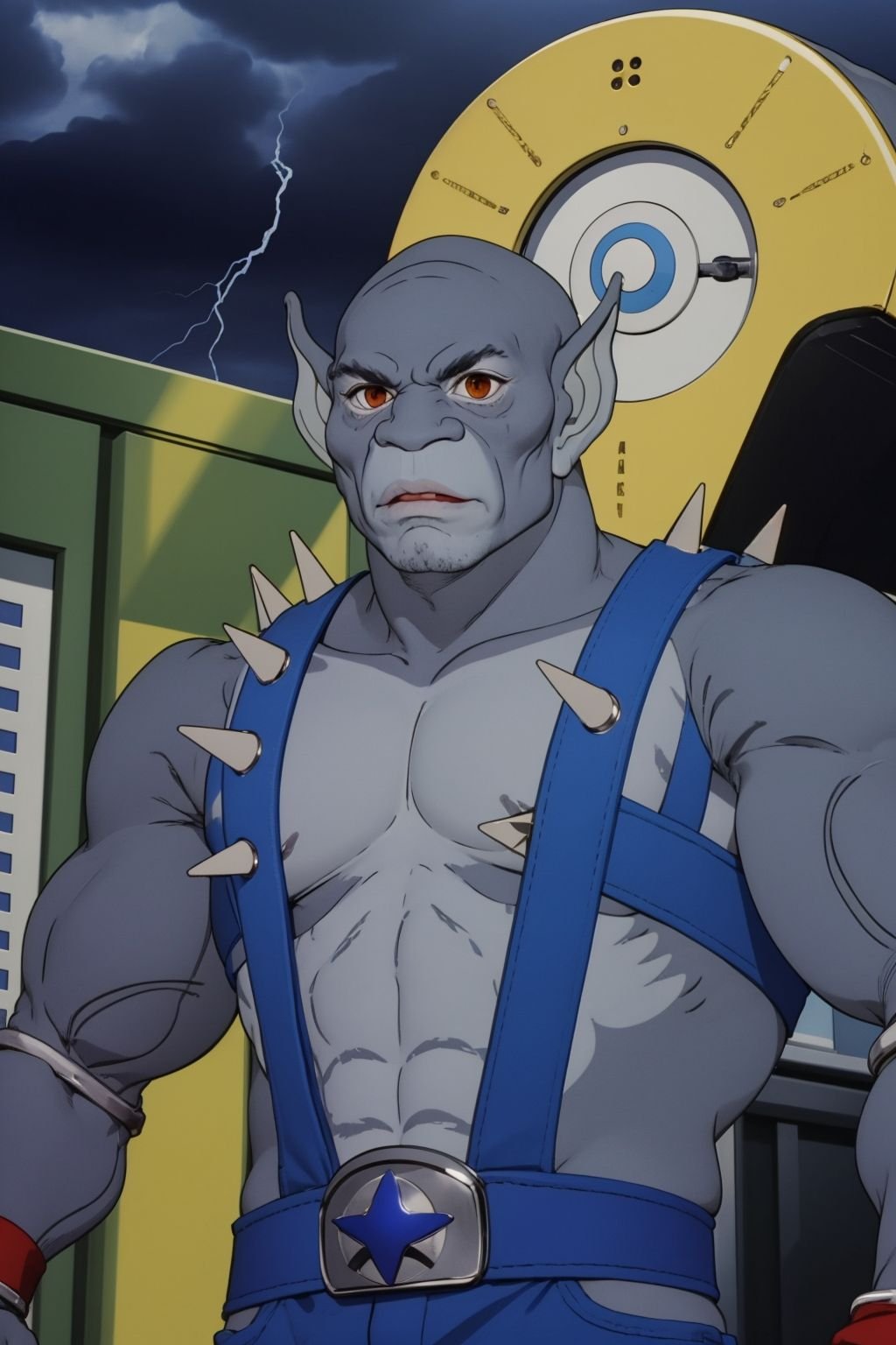 <lora:panthro_v1:1> panthro, 1boy, blue overalls, spikes, eye of thundera, silver bracelet, upper body