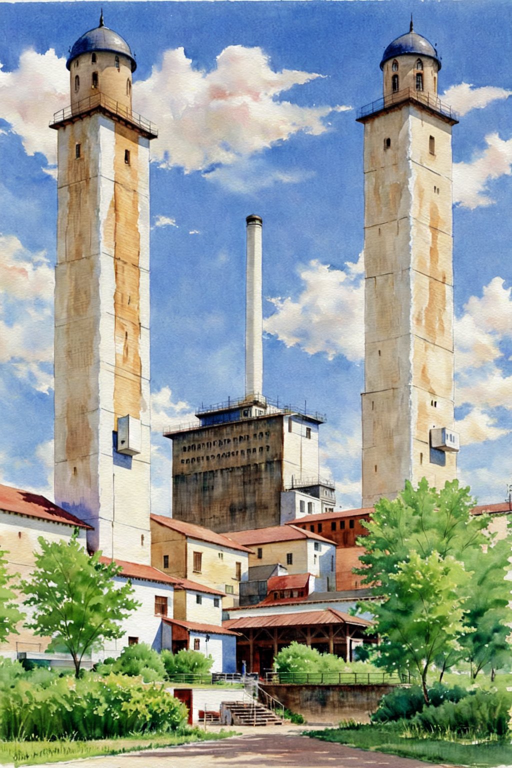 cooling tower,paintings,watercolor,<lora:mmk_watercolor:1>