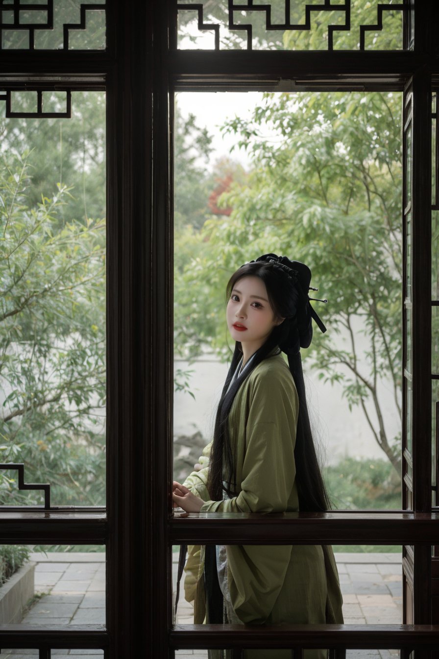 <lora:yuanlin_muggle:0.6>,yuanlin muggle,upper body,looking at viewer,smile,yuanlin muggle,1girl,long hair,black hair,hanfu,chinese traditional clothes,(through window:1.3),close up,