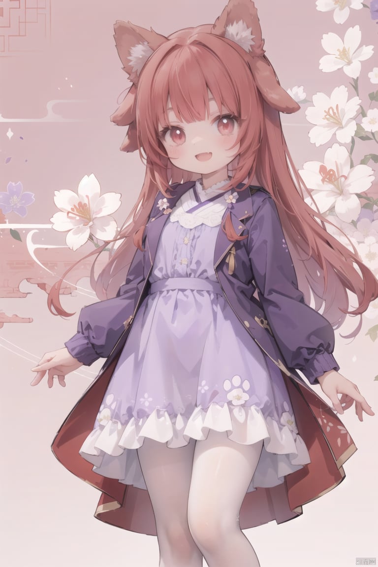 (((Red Cliff style), ((dog ears))) smile, open mouth, flower background, white pantyhose, purple dress, short jacket, cuteloli<lora:EMS-253082-EMS:0.300000>, <lora:EMS-237410-EMS:0.300000>, <lora:EMS-7159-EMS:0.200000>