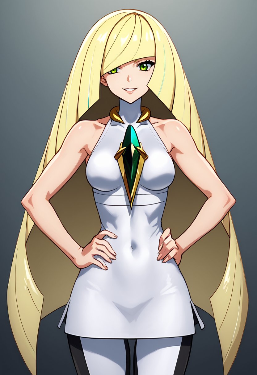 score_9, score_8_up, score_7_up,source_anime,anime coloring,perfect anatomy,cinematic_shadow,anime screencap,<lora:animestyle:1>finetuneanimeBREAK <lora:lusamine:1>lusamine, 1girl, lusamine (pokemon), solo, long hair, blonde hair, green eyes, hand on hip, dress, very long hair, sleeveless, hair over one eye, gem, sleeveless dress, short dress, leggings, diamond (shape), green gemstone, smile, bare arms, breasts, looking at viewer, bare shoulders, white dress, parted lips, medium breasts, bangs