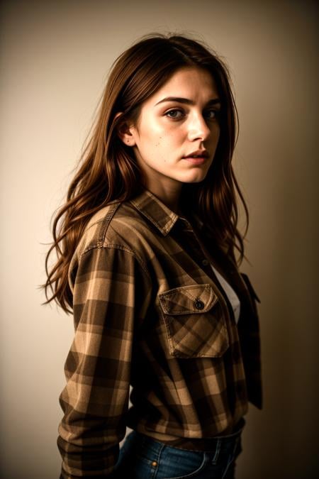 documentary photography photo of a woman, (envy face expression), copper hair, plaid flannel shirt with distressed boyfriend jeans, cowboy shot, under specular lighting, hero view, shot on a Pentax 645Z