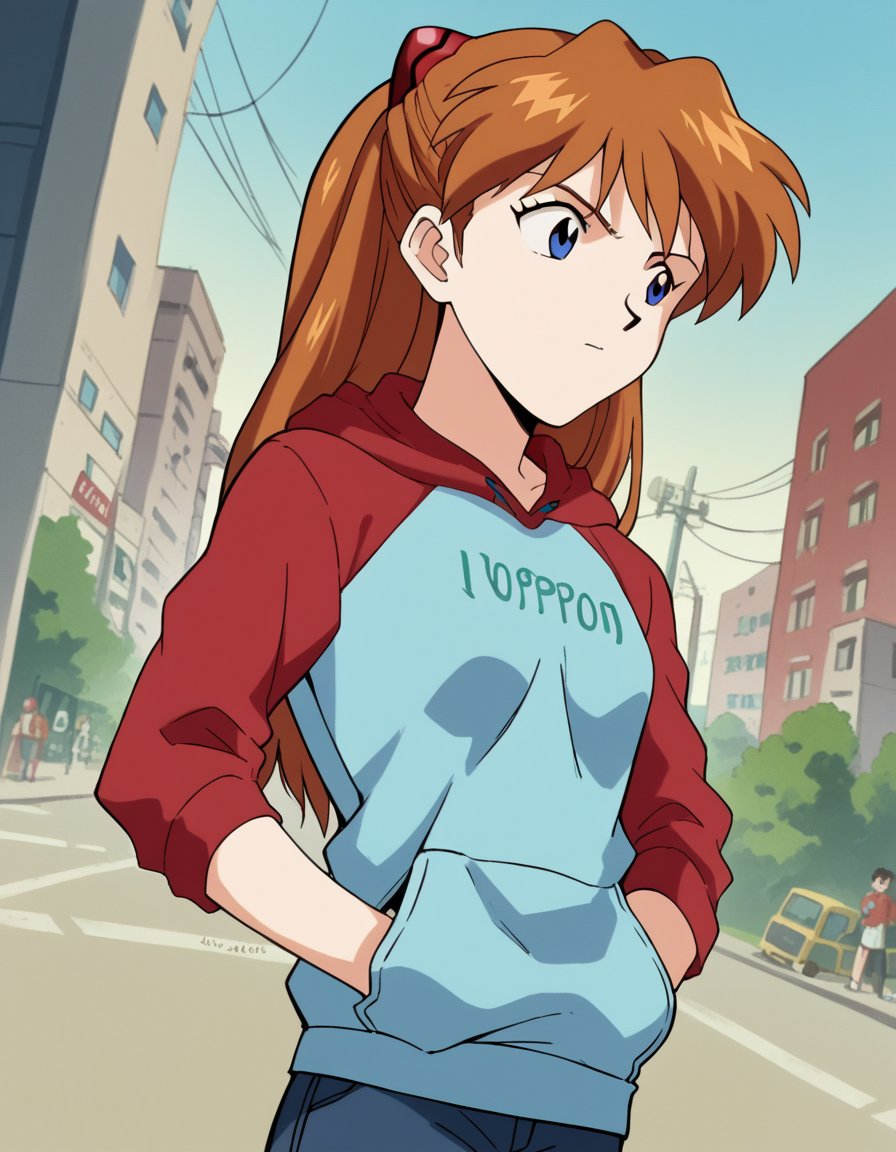 score_9, score_8_up, score_7_up, source_anime, asukalangleysoryu, <lora:asuka-langley-soryuu-classic-ponyxl-lora-nochekaiser:1>, asuka langley soryu, long hair, bangs, blue eyes, brown hair, hair ornament,, <lora:oppai-hoodie-ponyxl-lora-nochekaiser:1>, oppai hoodie, hoodie, raglan sleeves, clothes writting, hands in pocket,, outdoors, street,, cowboy shot, dutch angle, solo,