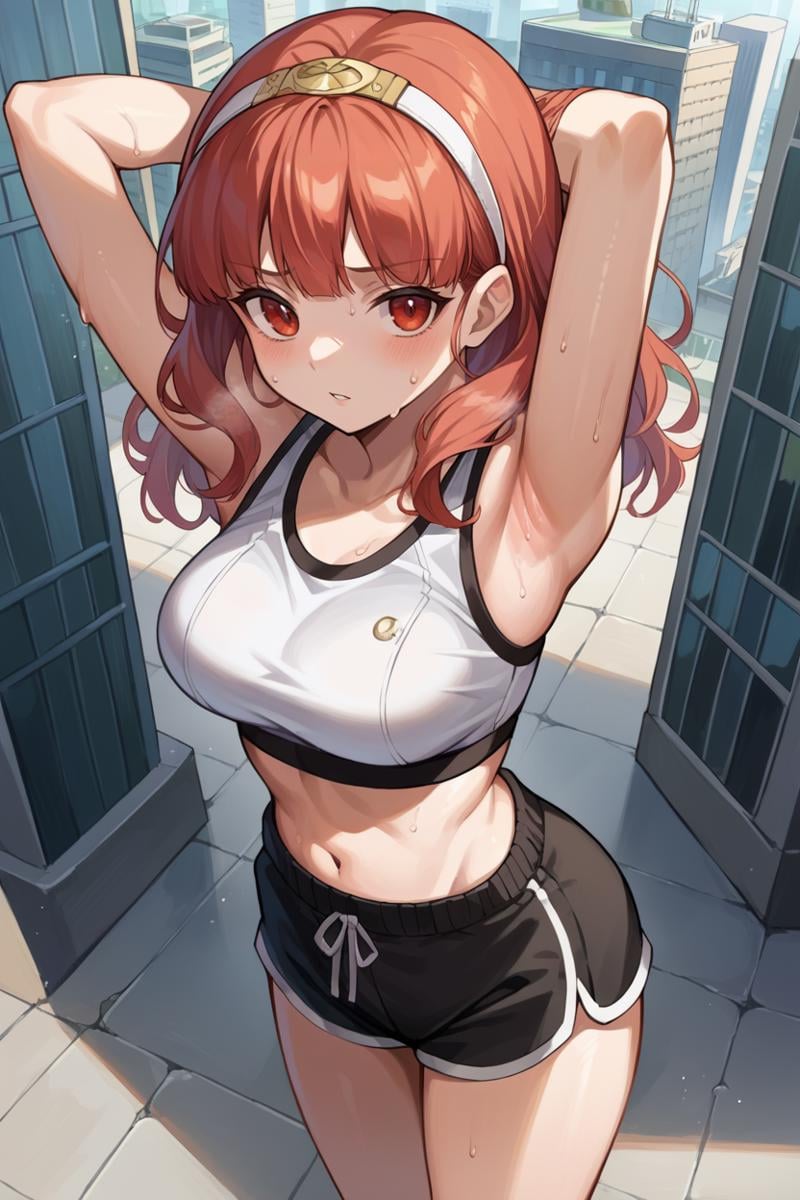 score_9, score_8_up, score_7_up, score_6_up, source_anime, BREAK 1girl, solo, <lora:fecelica-pdxl-nvwls-v1-000005:1> defCeli, red hair, red eyes, hairband, arms behind head, medium breasts, white sports bra, white dolphin shorts, sweat, looking at you, from above, city