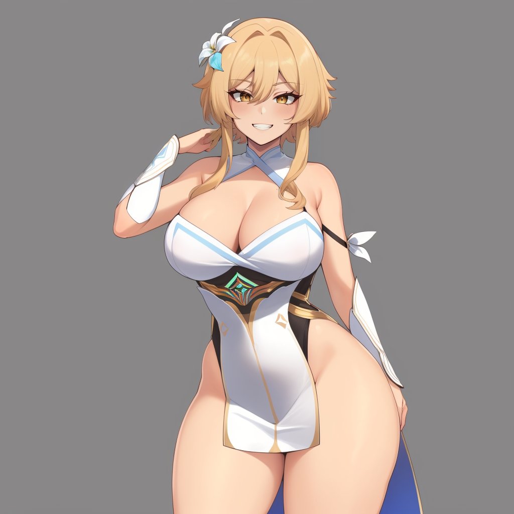 (masterpiece, best quality:1.3), Taigerarts, Soft Shading, solo, looking at viewer, blushing, simple background, grin, wide hips, cowboy shot, large breasts, mature female, closed mouth, thick thighs,  <lora:Taigerarts Style Lora:.8>, lumine, hair ornament, flower, hair flower, short hair with long locks, hair between eyes, bare shoulders, white flower, sidelocks, dress, cleavage, white dress, detached sleeves  <lora:lumine:.8>