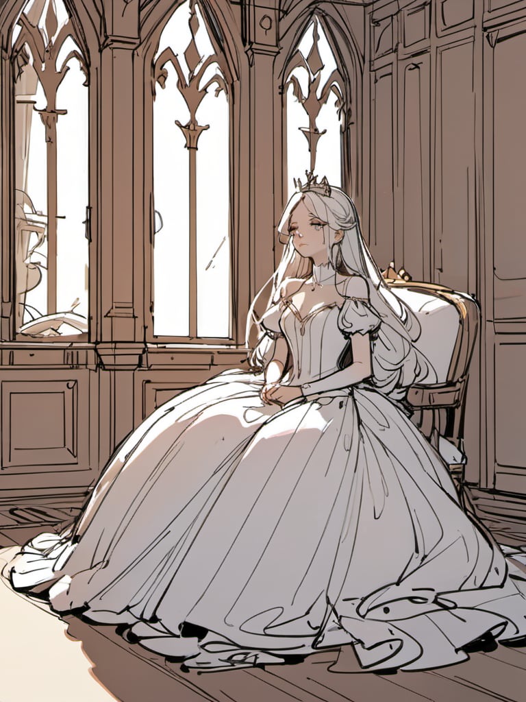 <lora:luXL毛躁手绘Fuzzylines_lora_resized:0.6>, fuzzylines, sketch, a beautiful queen is very sad and crying by the window in her room in the castle, luxury decoration,