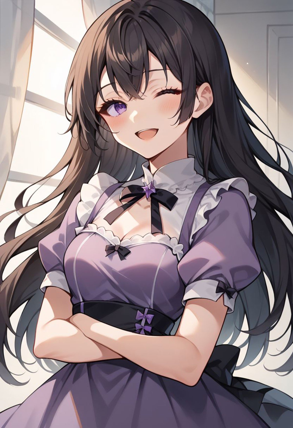 score_9, score_8_up, score_7_up, score_6_up, score_5_up, score_4_up,  yuki suou, black hair, long hair, purple eyes, 1girl, one eye closed, solo, dress, smile, brown hair, blush, short sleeves, open mouth, ;d, looking at viewer, bow, puffy sleeves, purple dress